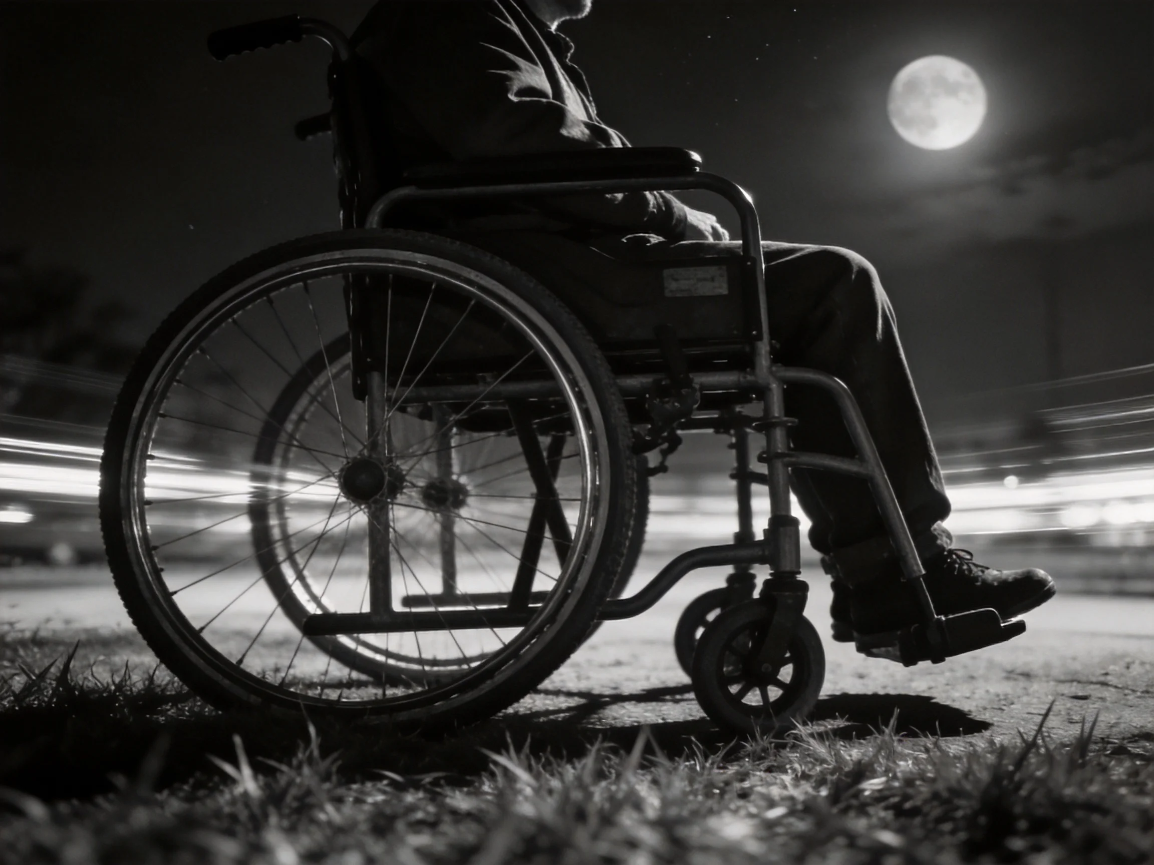 Person in a wheelchair under a bright moonlit night