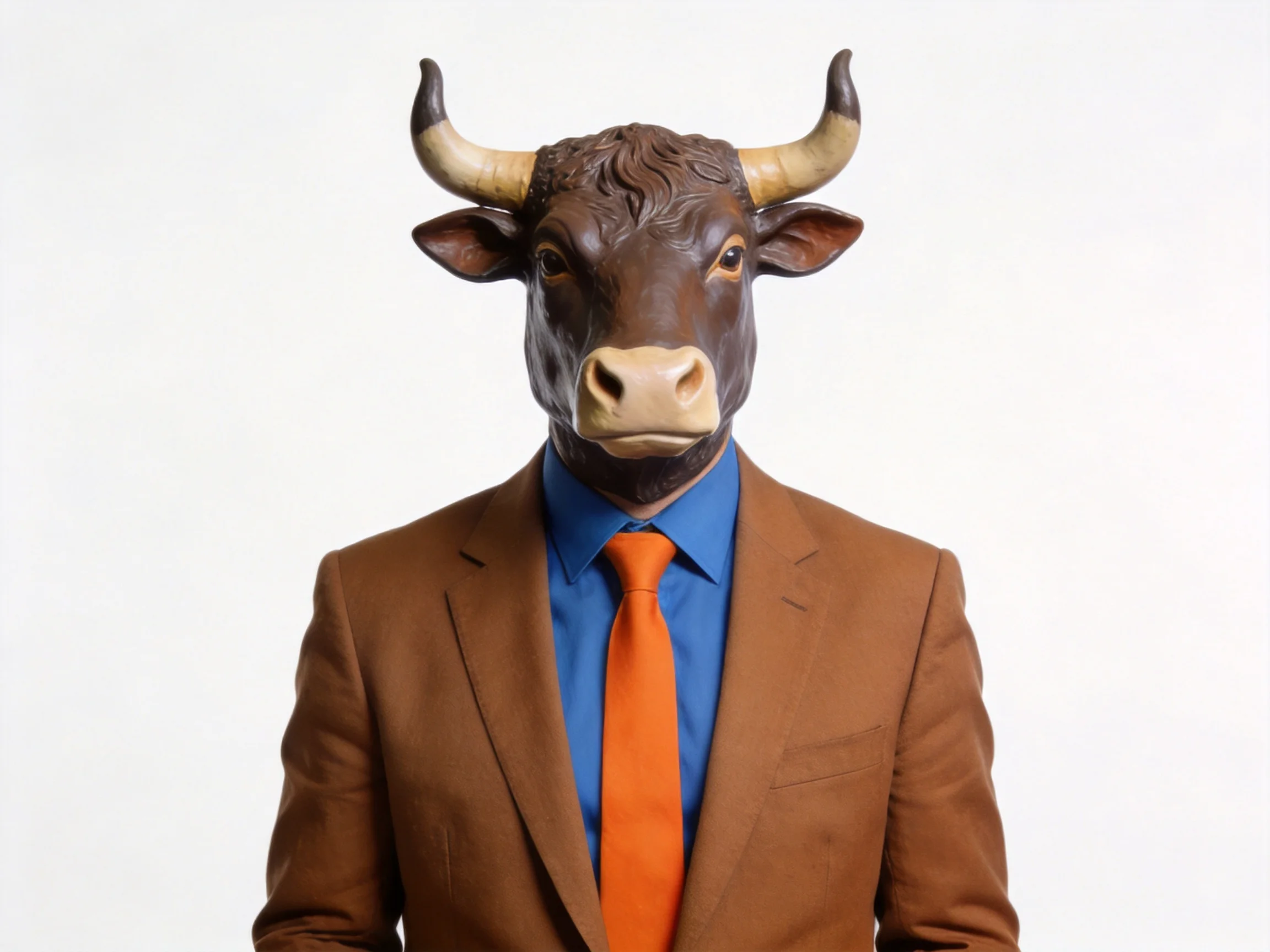 Person in tan suit, blue shirt, orange tie, wearing a brown bull head mask