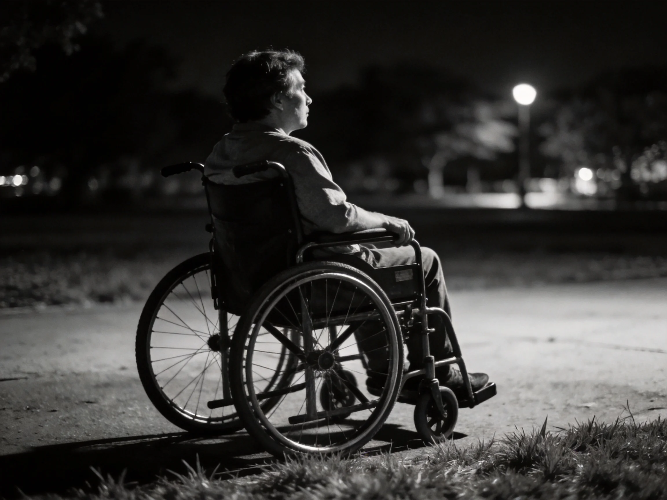 Person in wheelchair on a nighttime outdoor path near streetlights