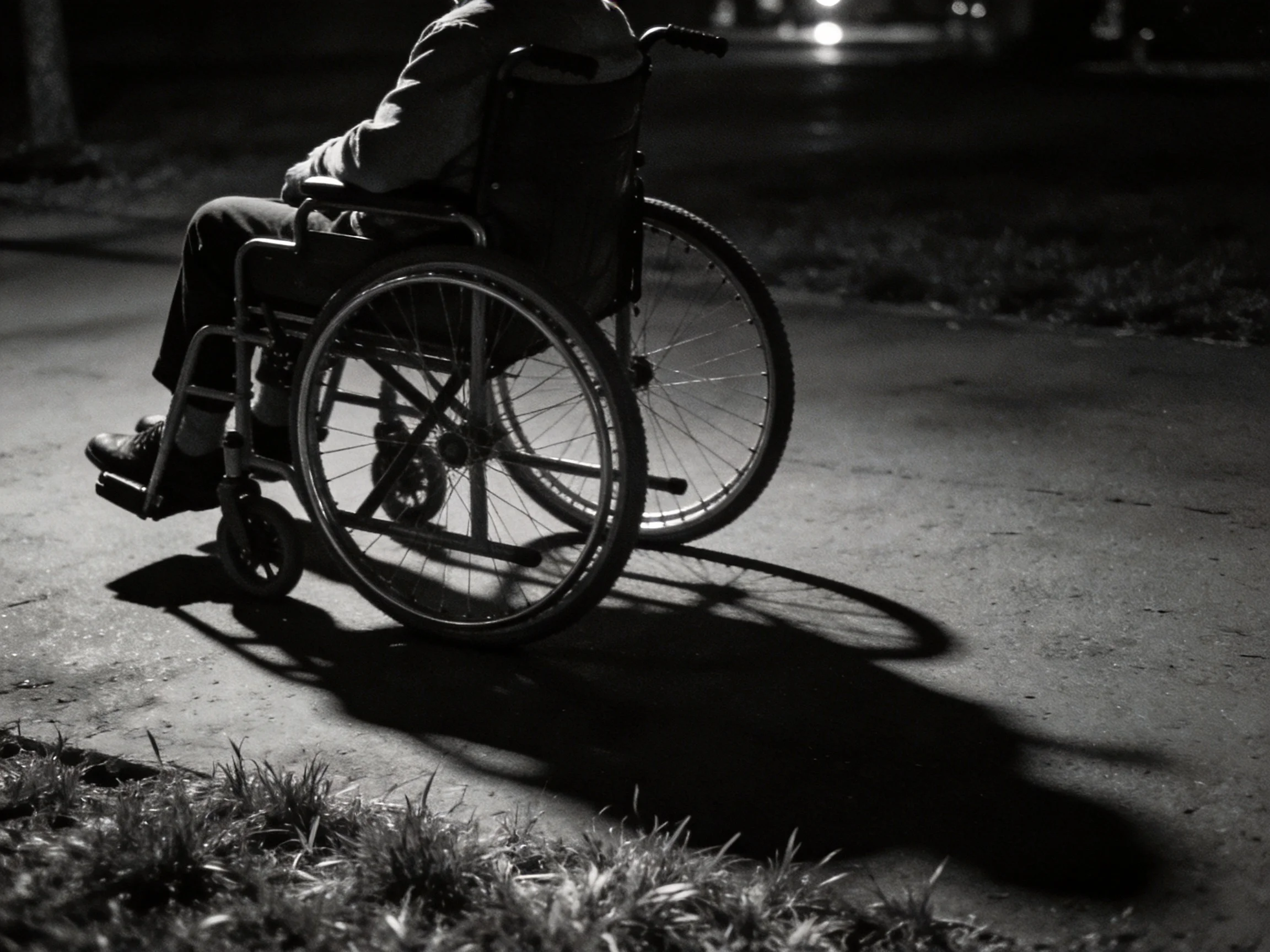 Person in wheelchair on dark nighttime sidewalk
