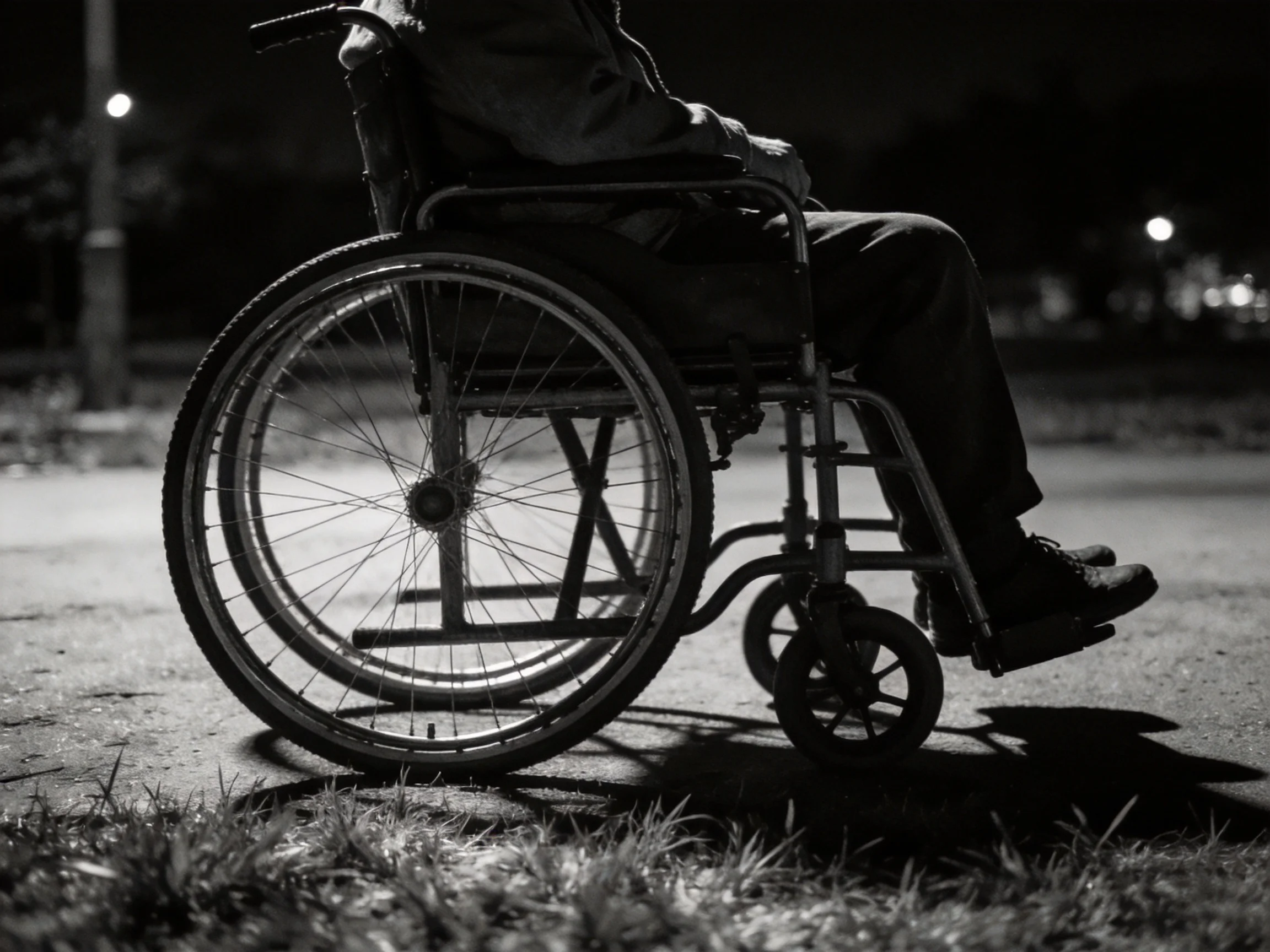 Person in wheelchair on dimly lit city street at night