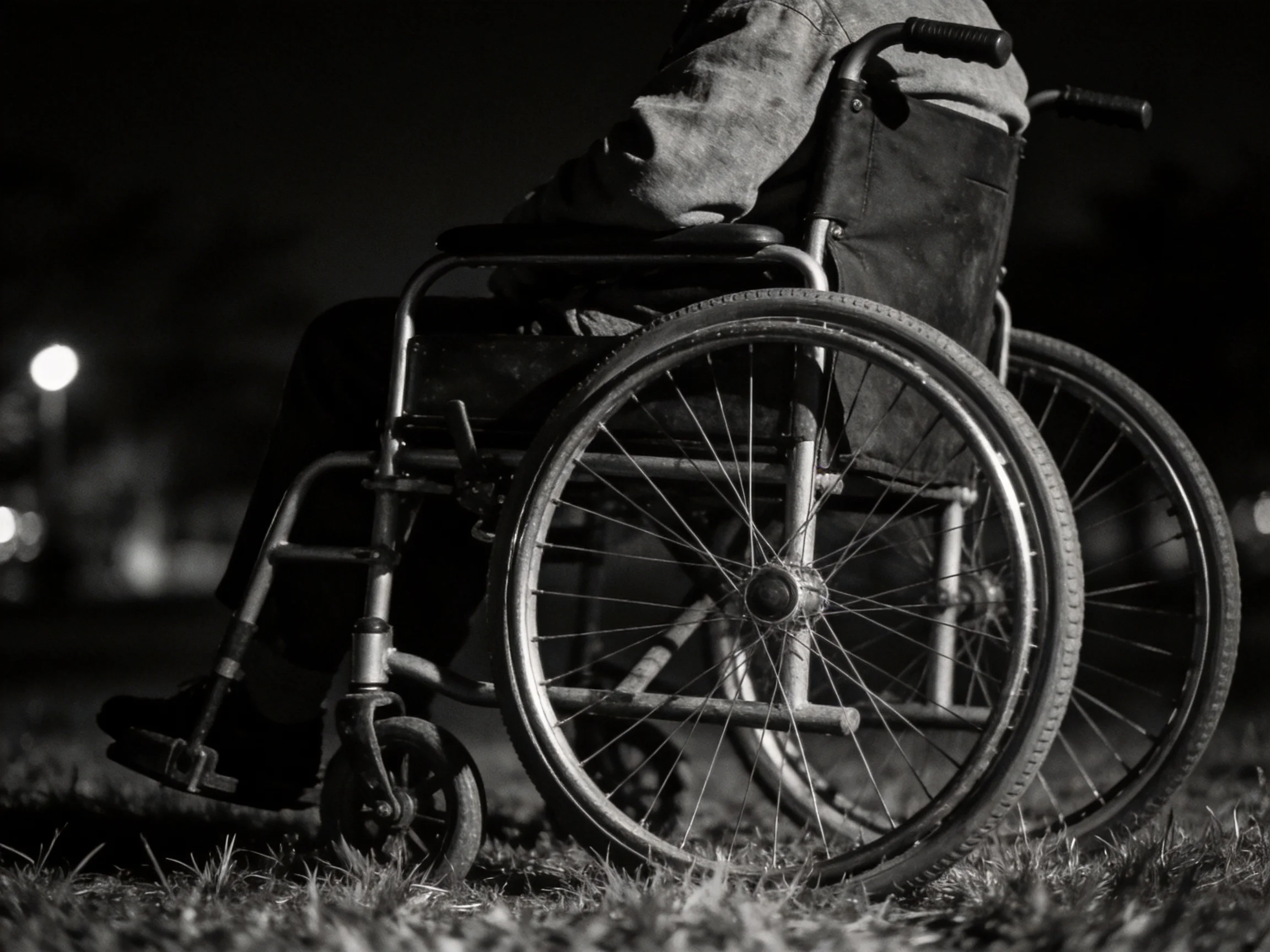 Person in wheelchair on grass at night, black and white
