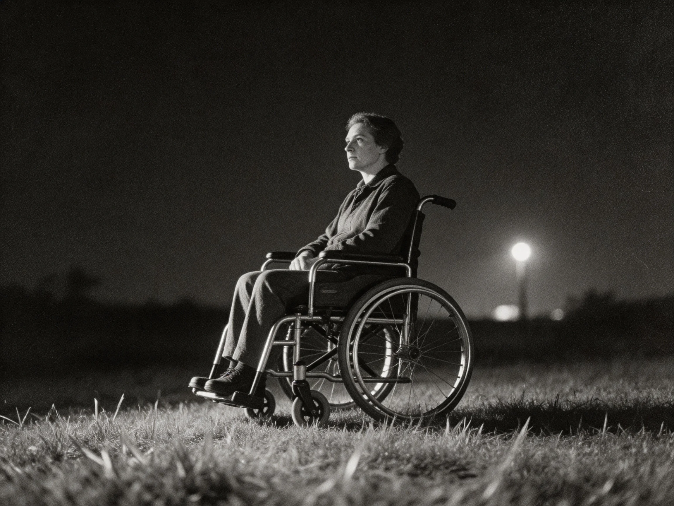 Person in wheelchair on grass under nighttime lighting