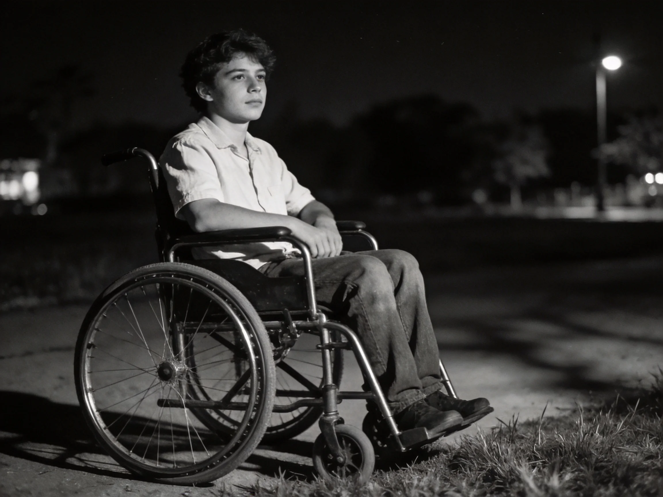 Person in wheelchair outdoors at night near streetlights