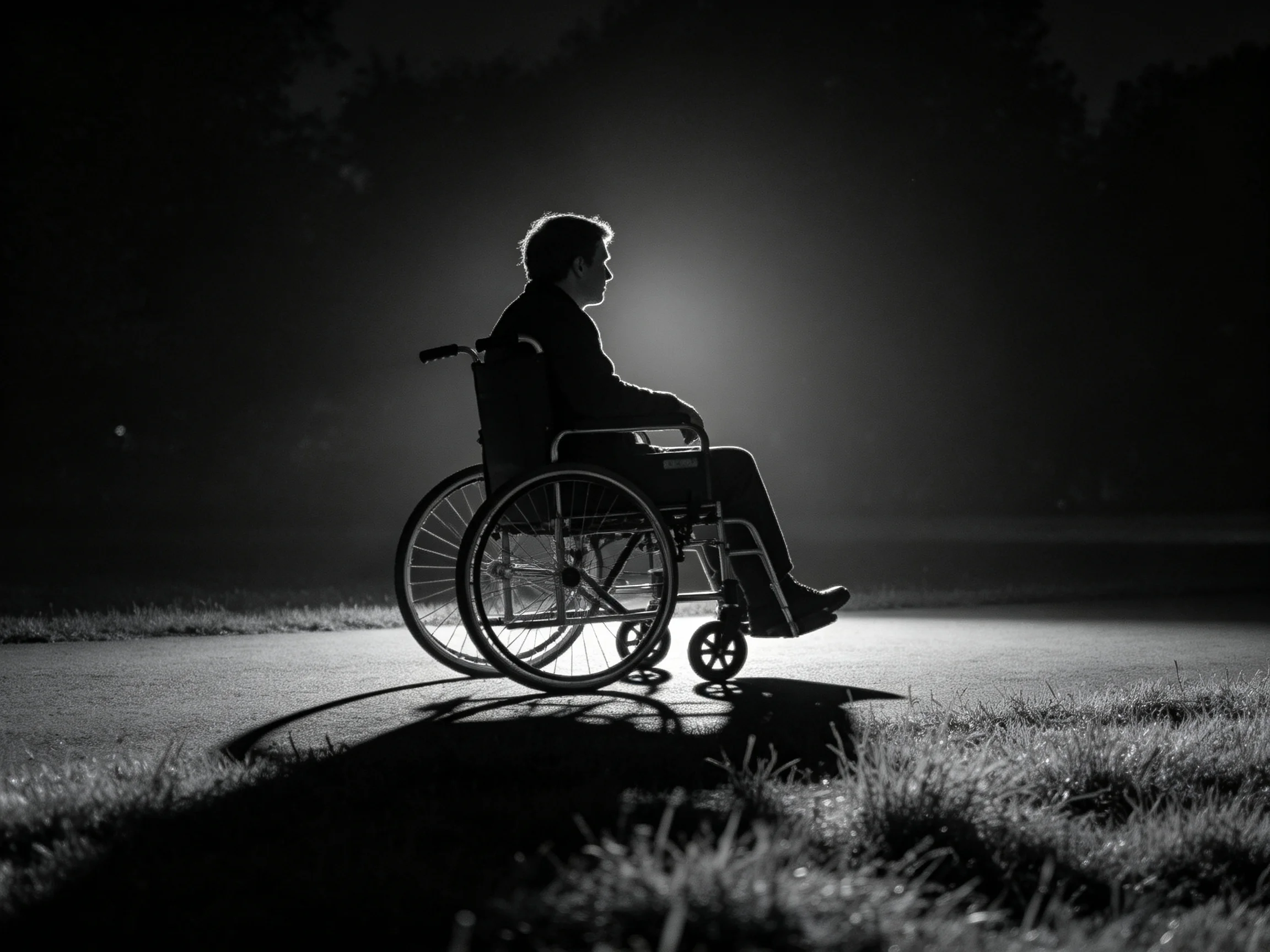 Person in wheelchair silhouetted by bright nighttime light