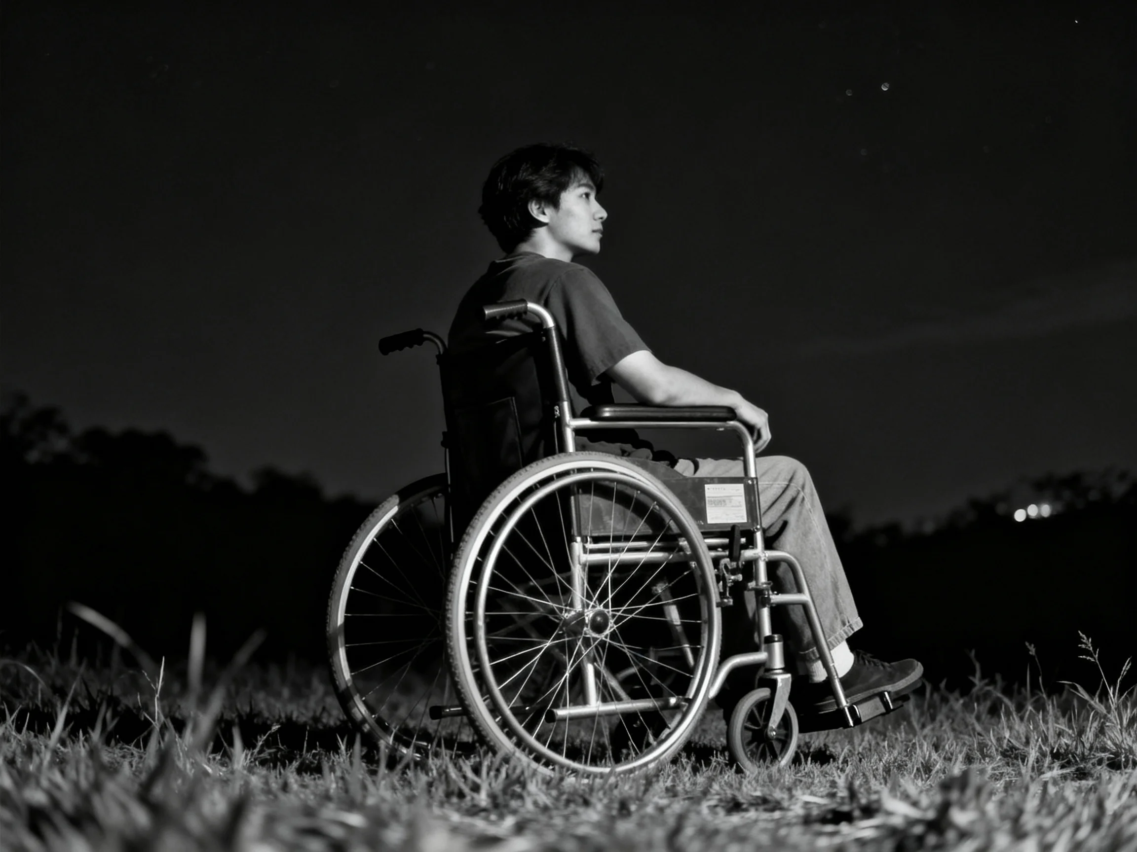 Person in wheelchair sitting alone in dark field at night