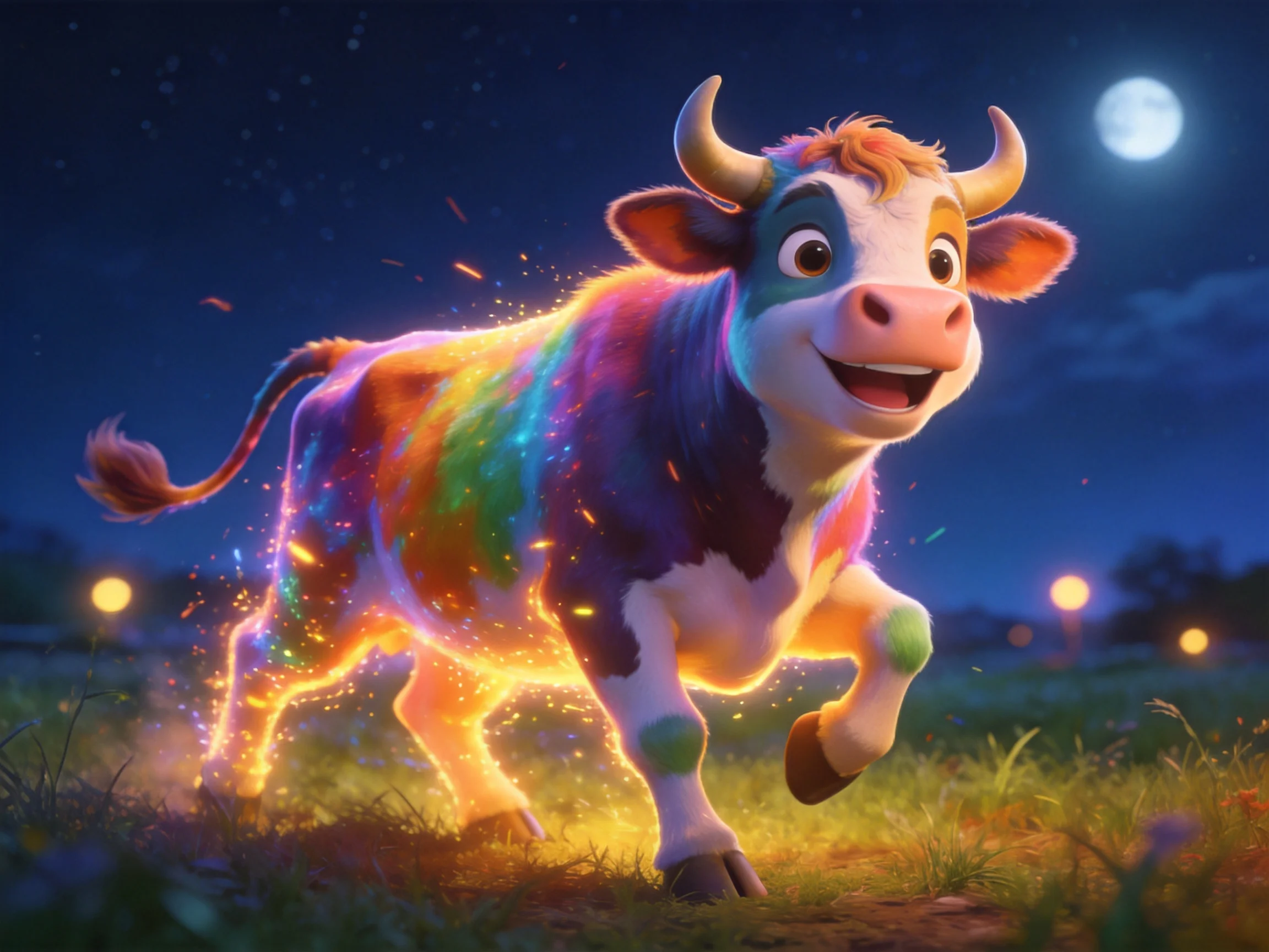 Rainbow-hued animated cow running in moonlit field