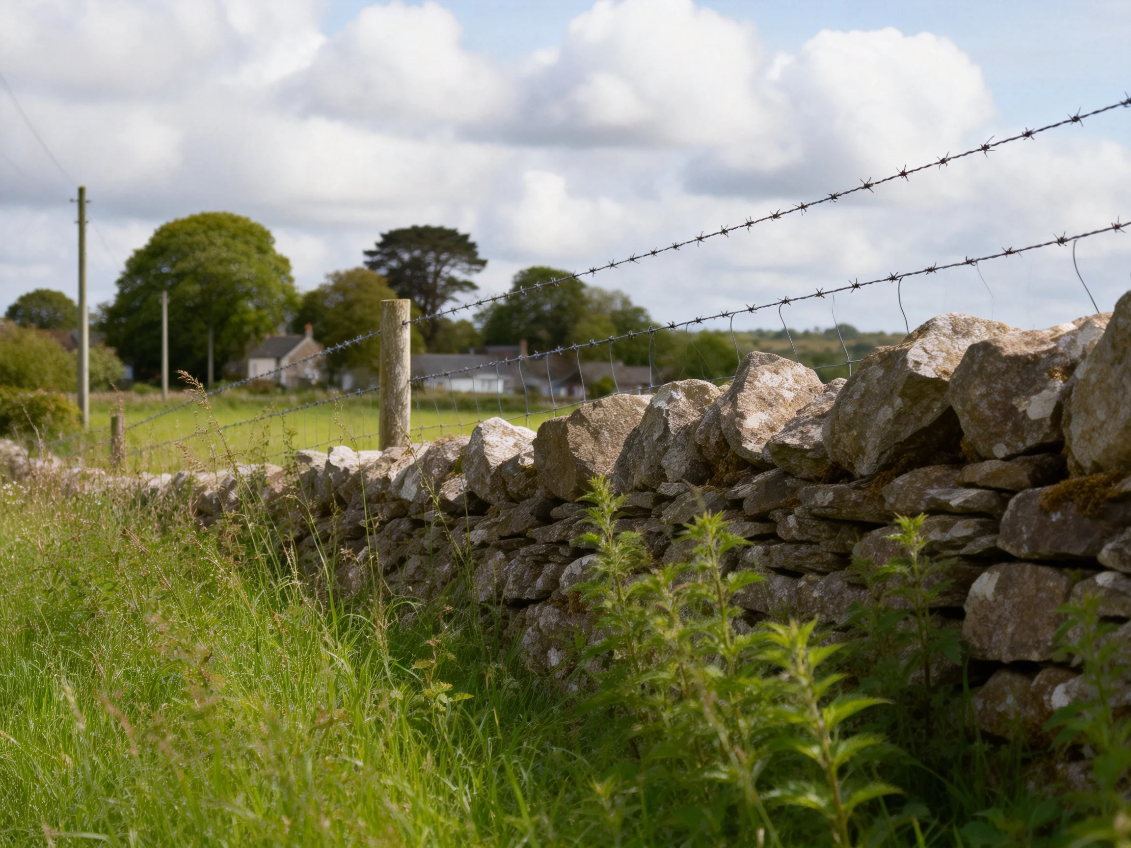 Rustic stone wall with barbed wire near rural homes