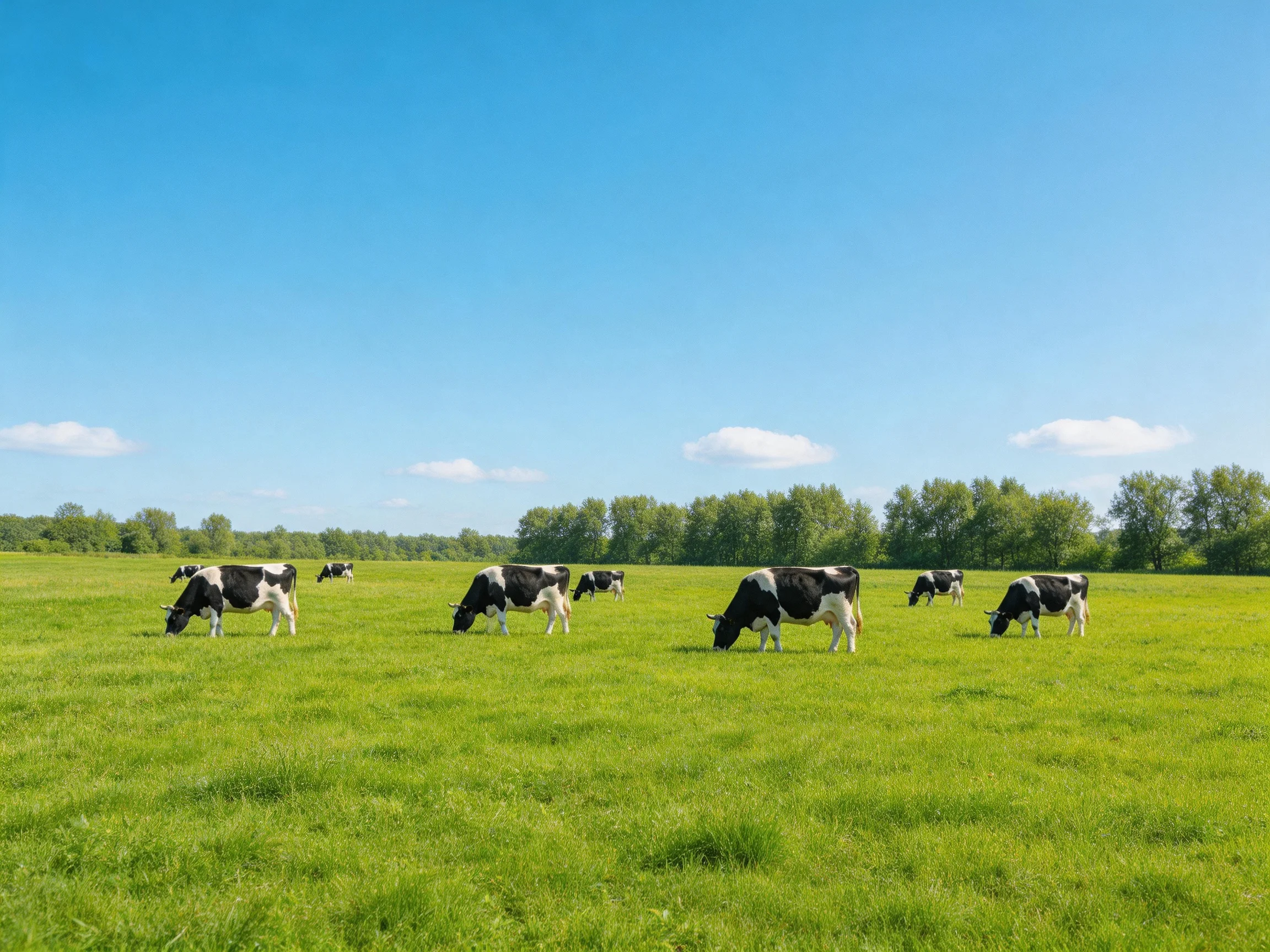 Seven black-and-white cows graze in a vast green pasture under clear blue sky