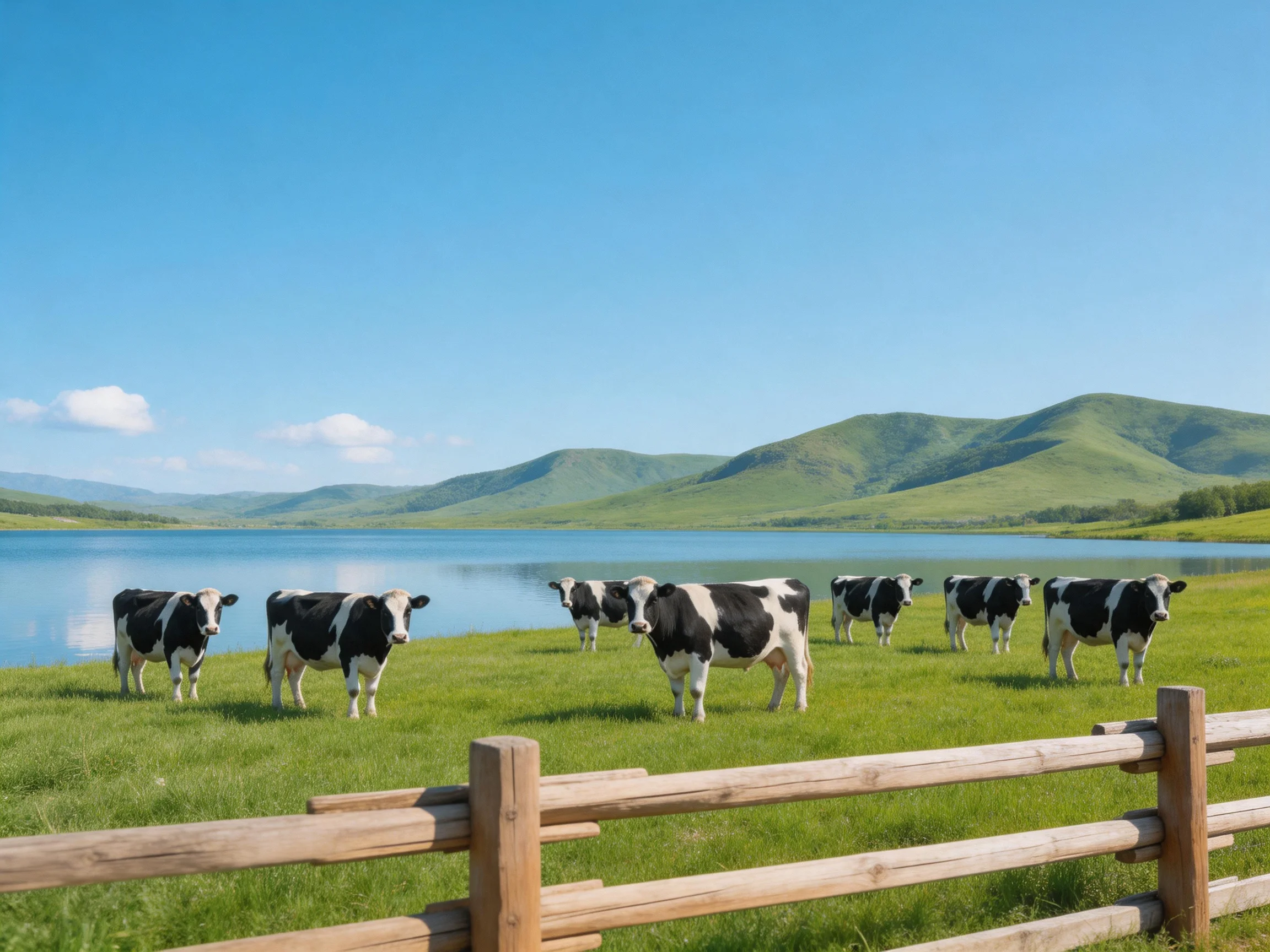 Seven black-and-white cows graze near a calm blue lake with green hills