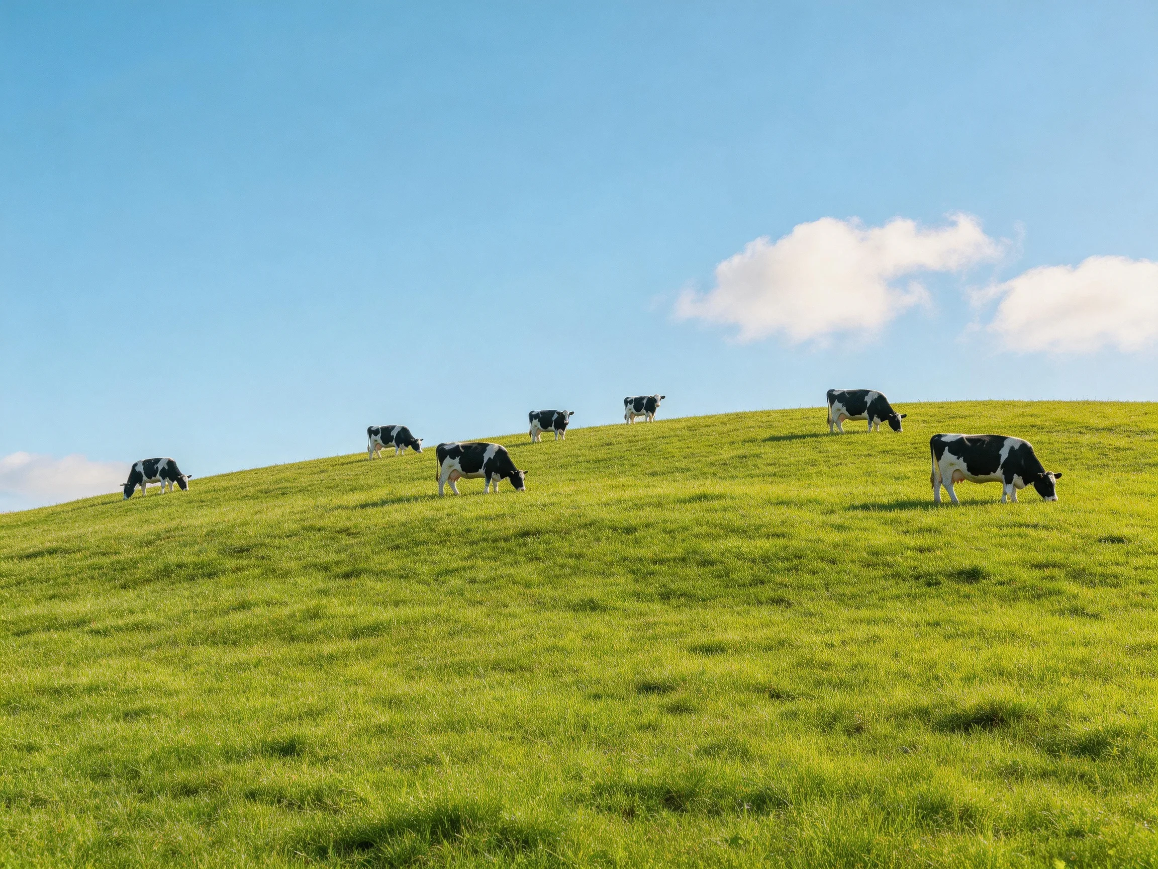 Seven black-and-white cows graze on a lush green hillside under clear blue sky