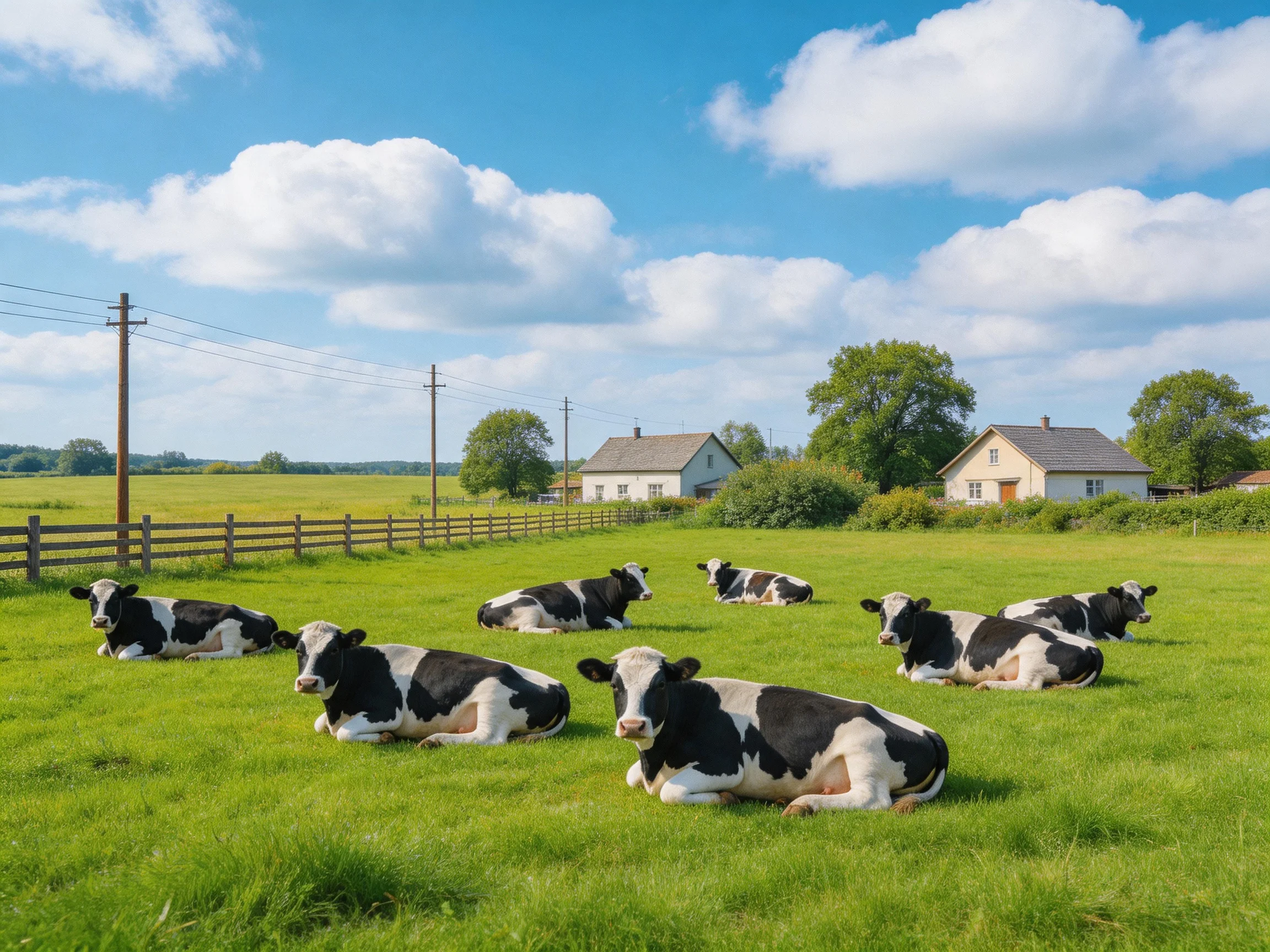 Seven black-and-white cows rest in a lush green pasture near farmhouses