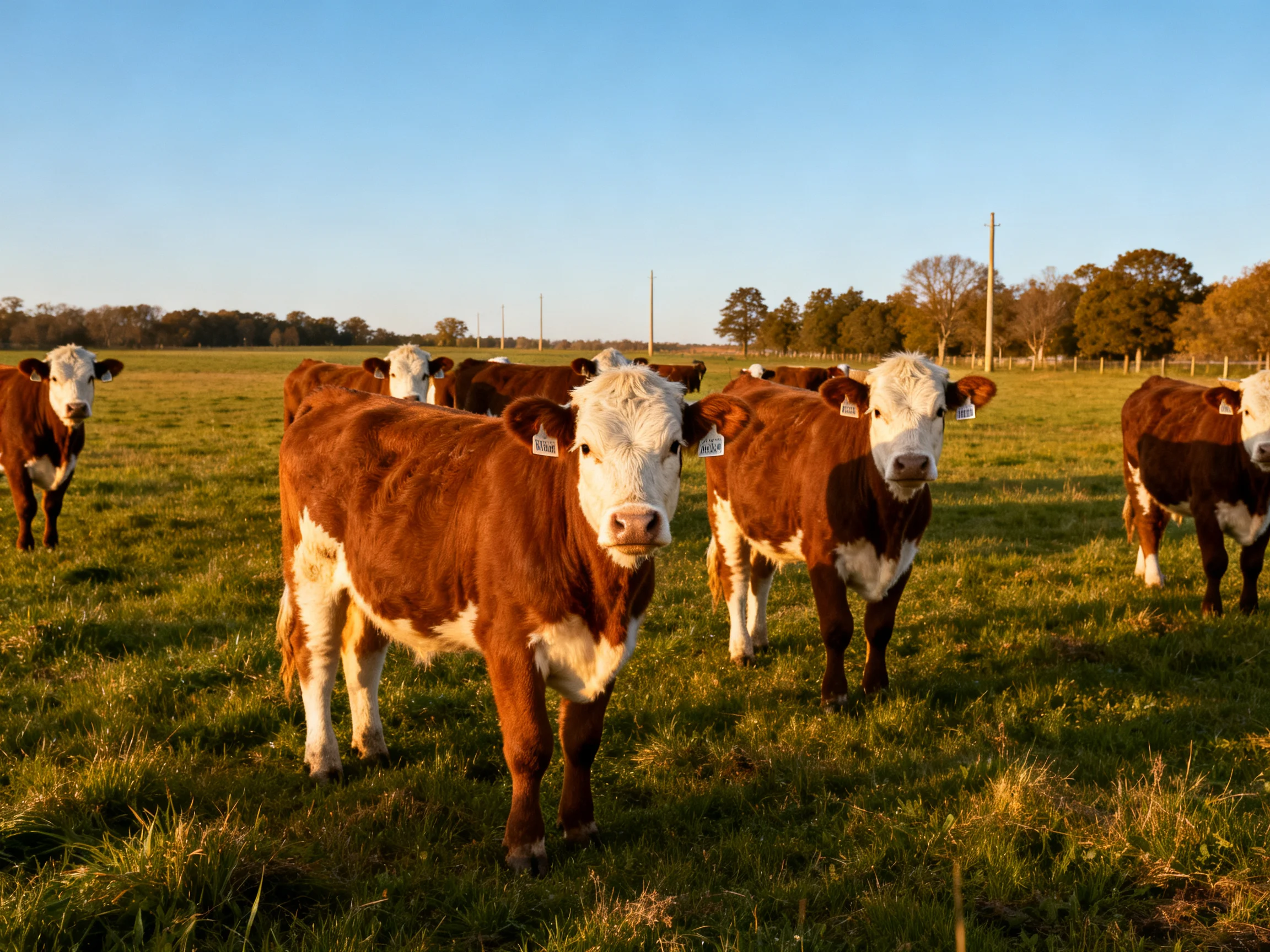 Seven brown and white cattle graze in a sunlit open pasture