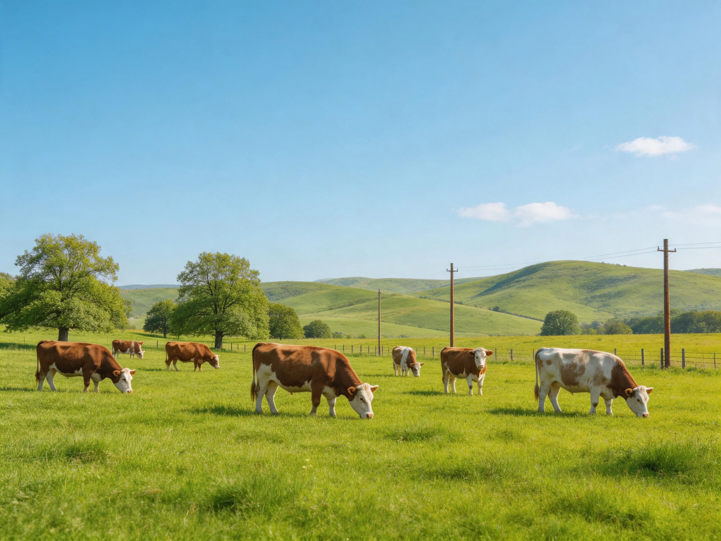 Seven brown and white cows graze in a lush green pasture with rolling hills