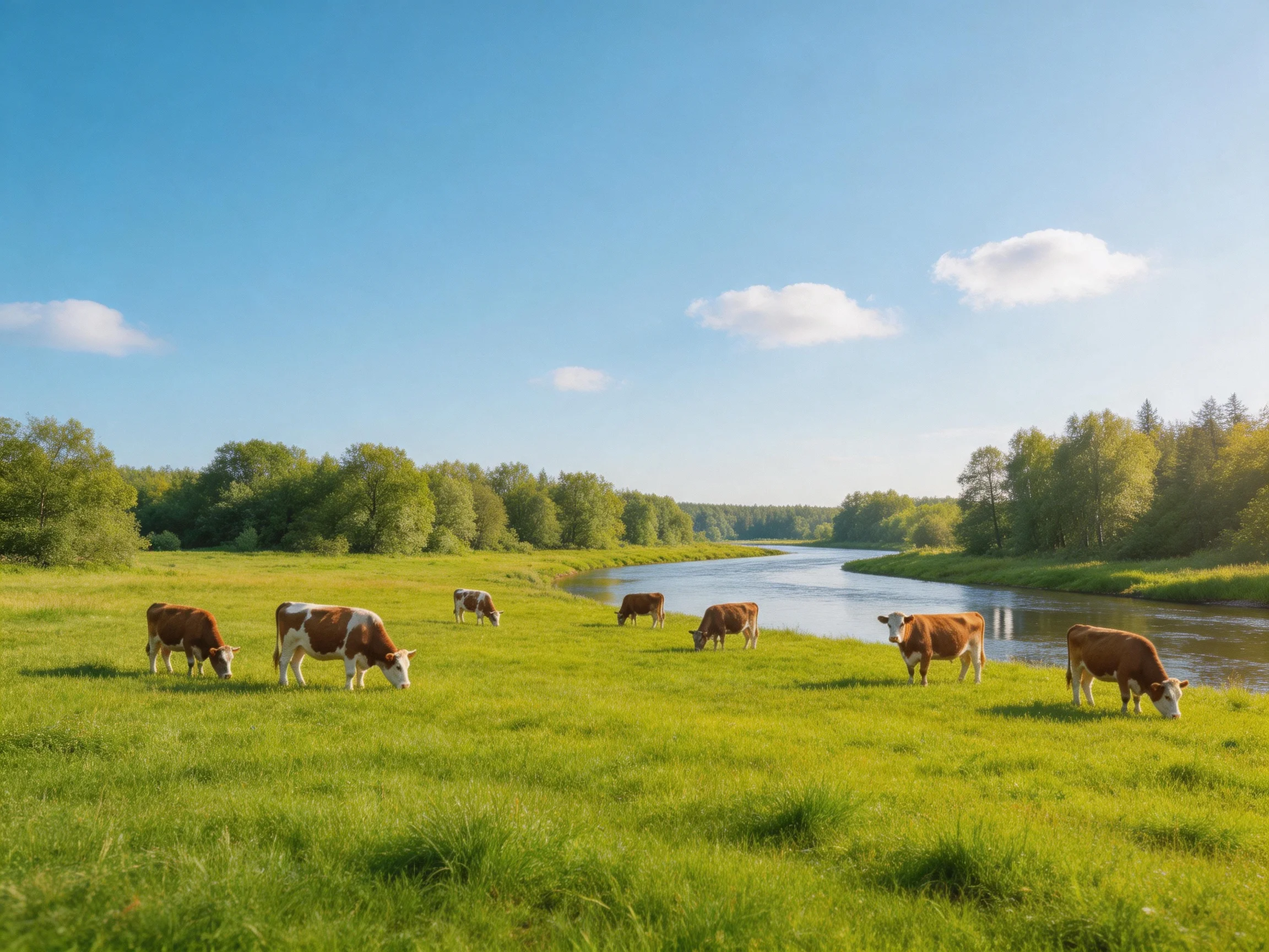 Seven brown and white cows graze on lush green pasture beside a winding river