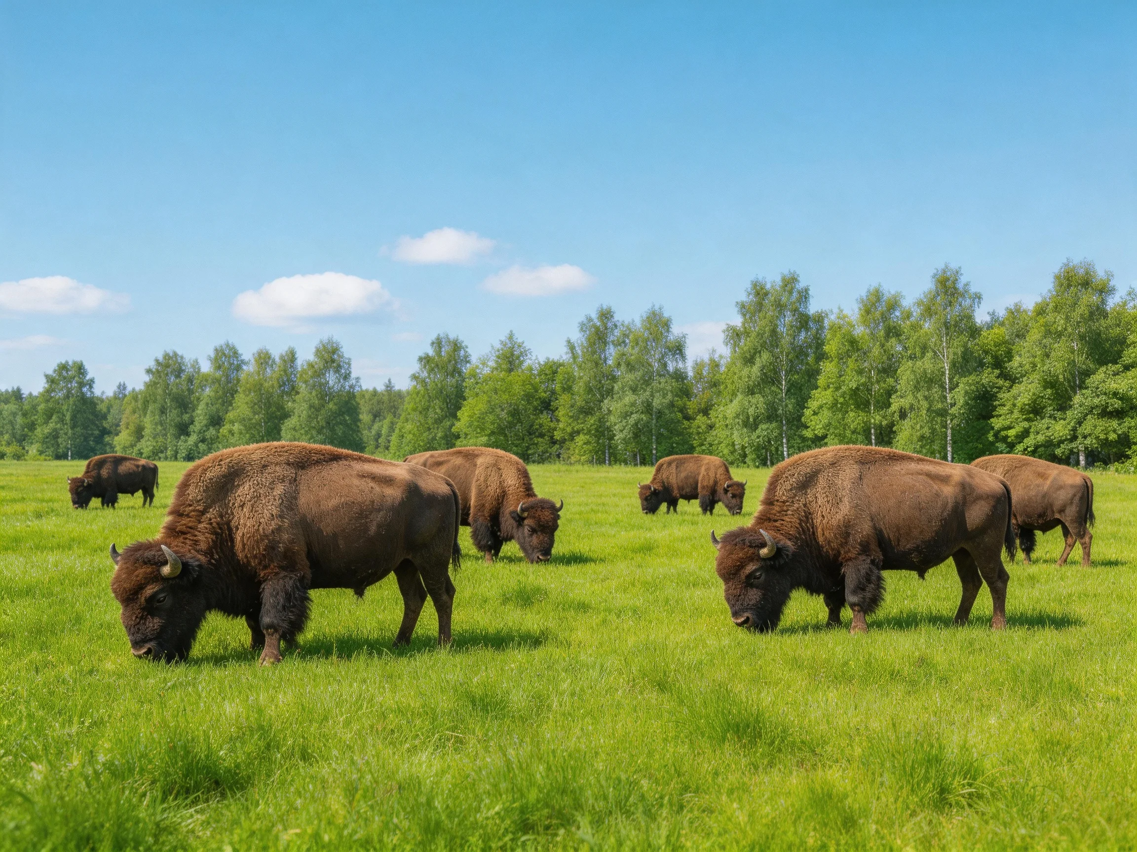 Seven brown bisons graze in a lush green meadow near forested areas
