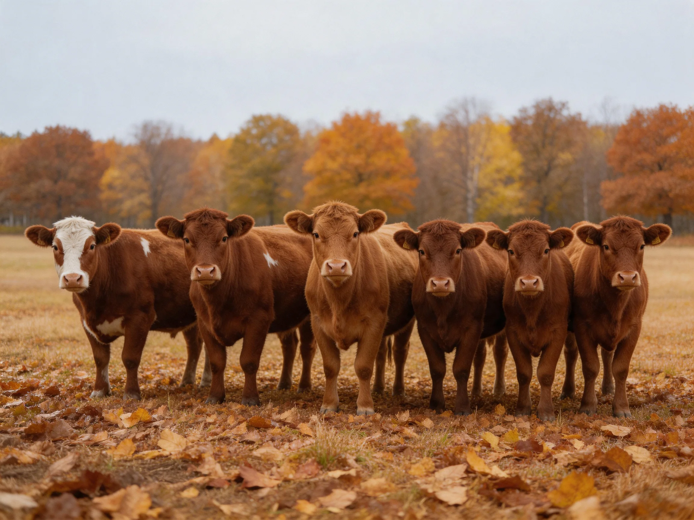 Seven brown cattle stand in an autumn field with colorful trees