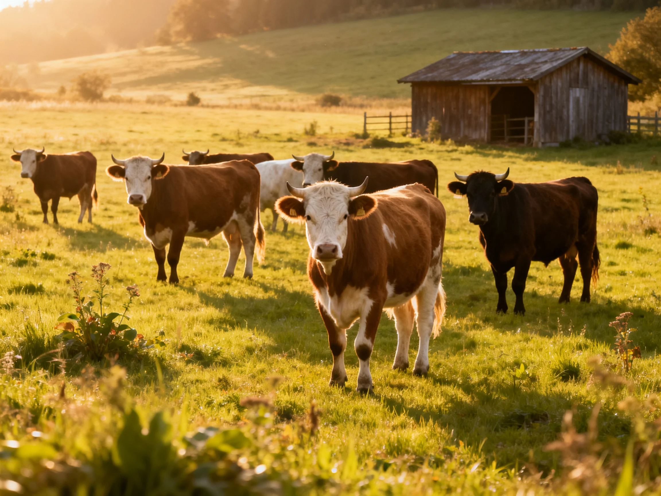 Seven cattle graze in a sunlit golden meadow by an old wooden barn