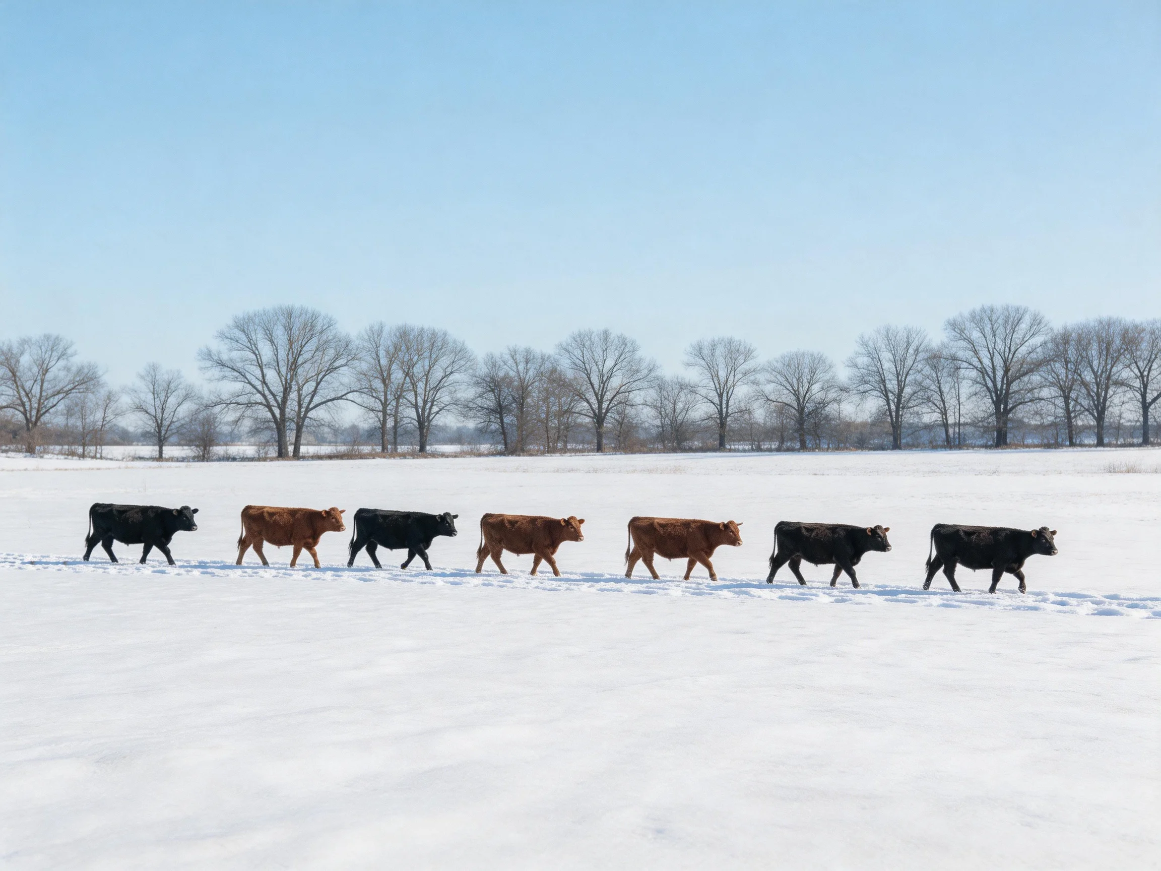 Seven cattle of brown and black hues traverse a snowy field