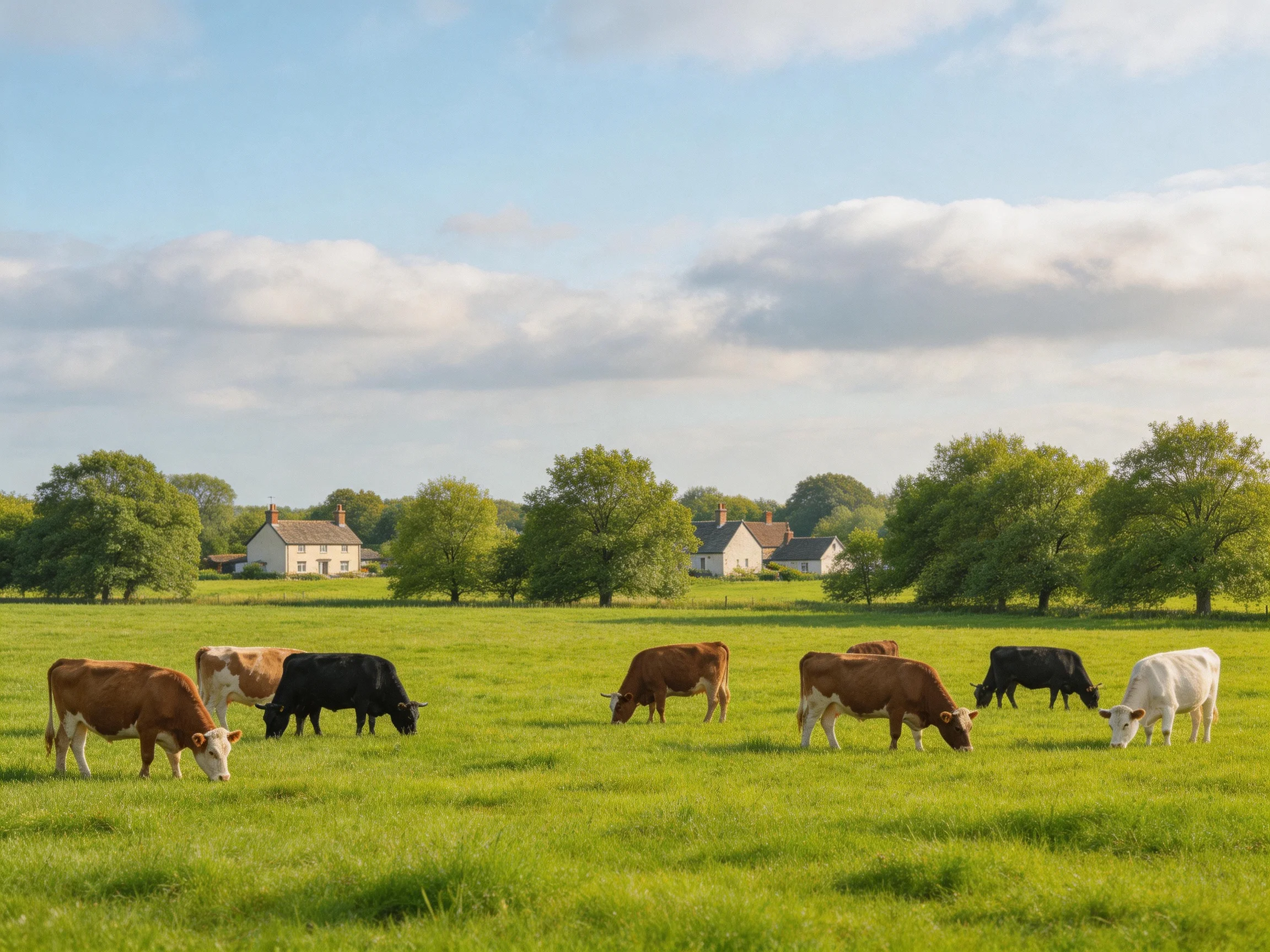 Seven cows graze in a lush green meadow near white farmhouses