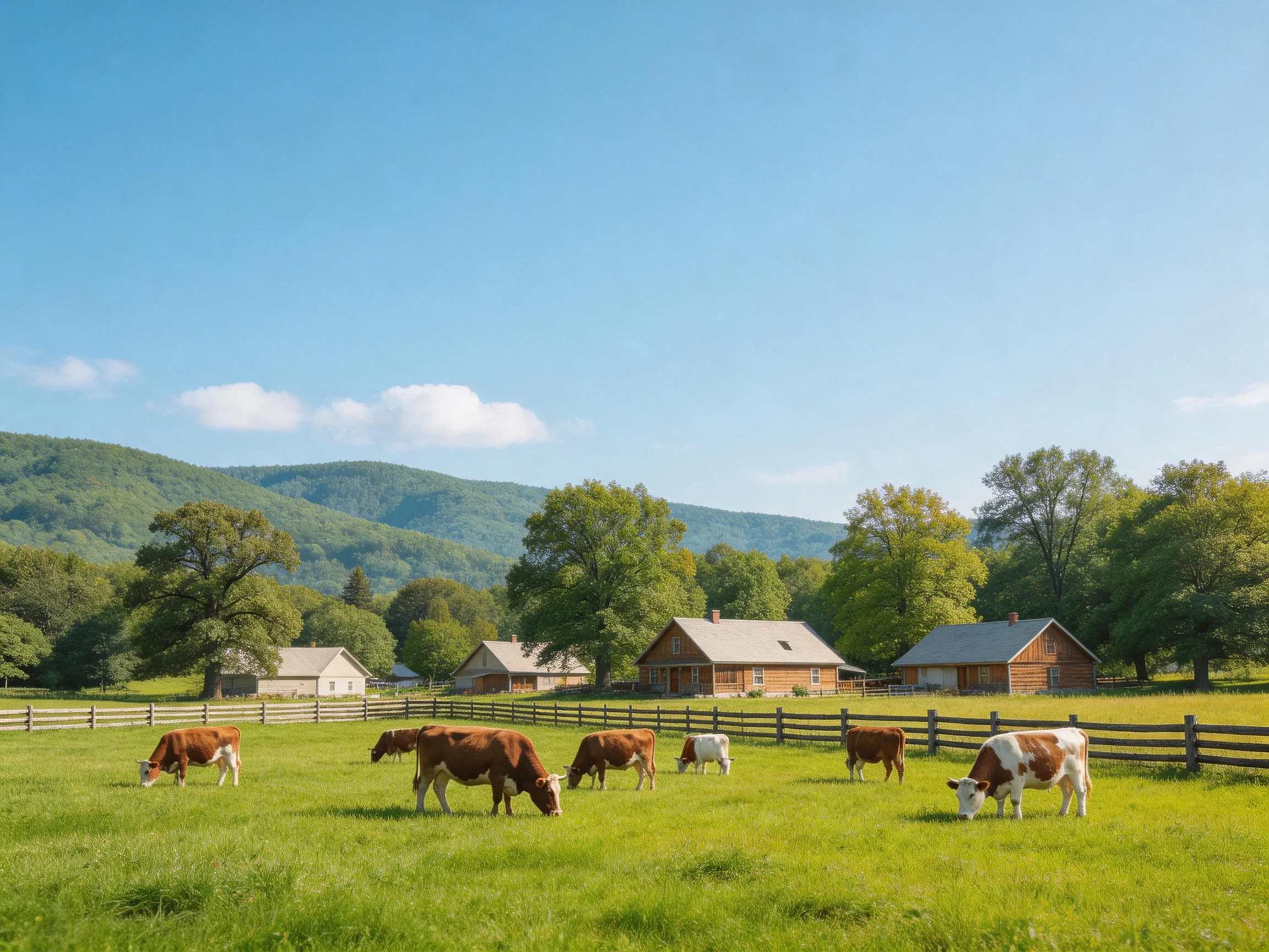 Seven cows graze in a lush green pasture near wooden farmhouses