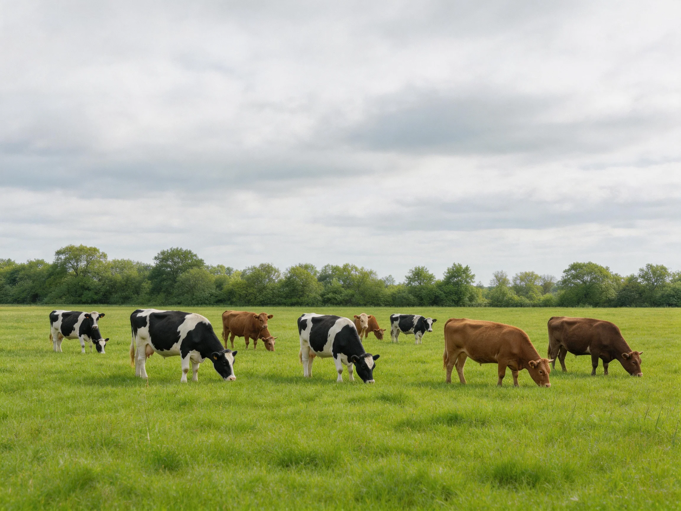 Seven cows graze in a lush green pasture under cloudy skies