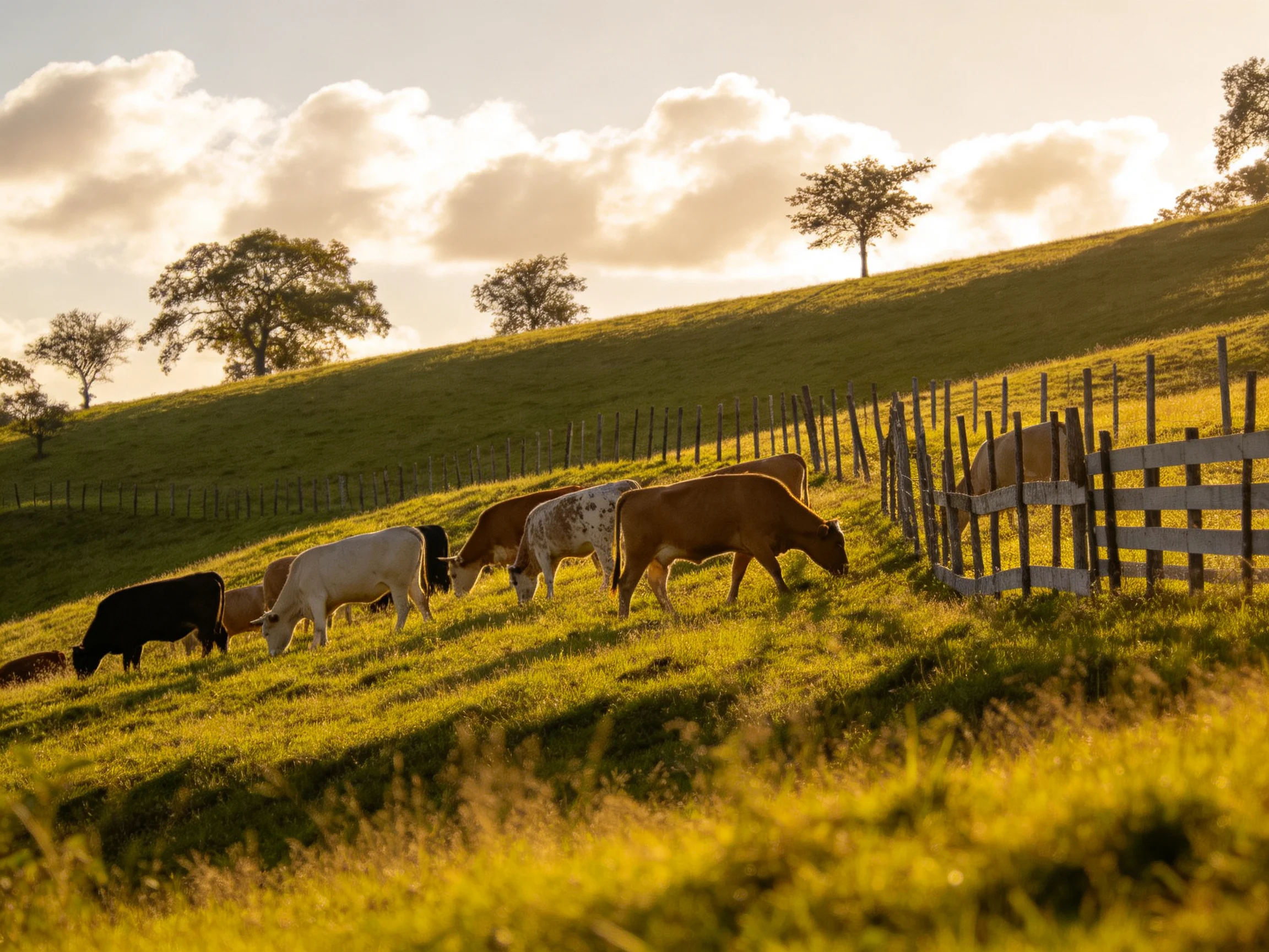 Seven cows graze in a sunlit green pasture with wooden fences