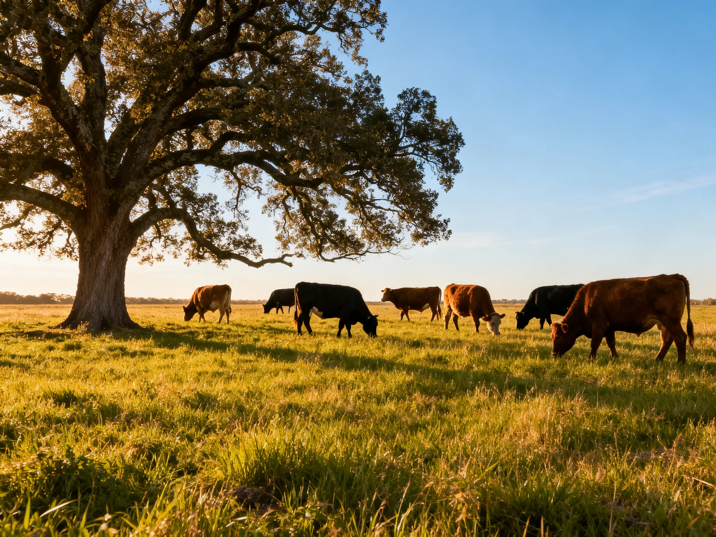 Seven cows graze near a large oak tree in golden light