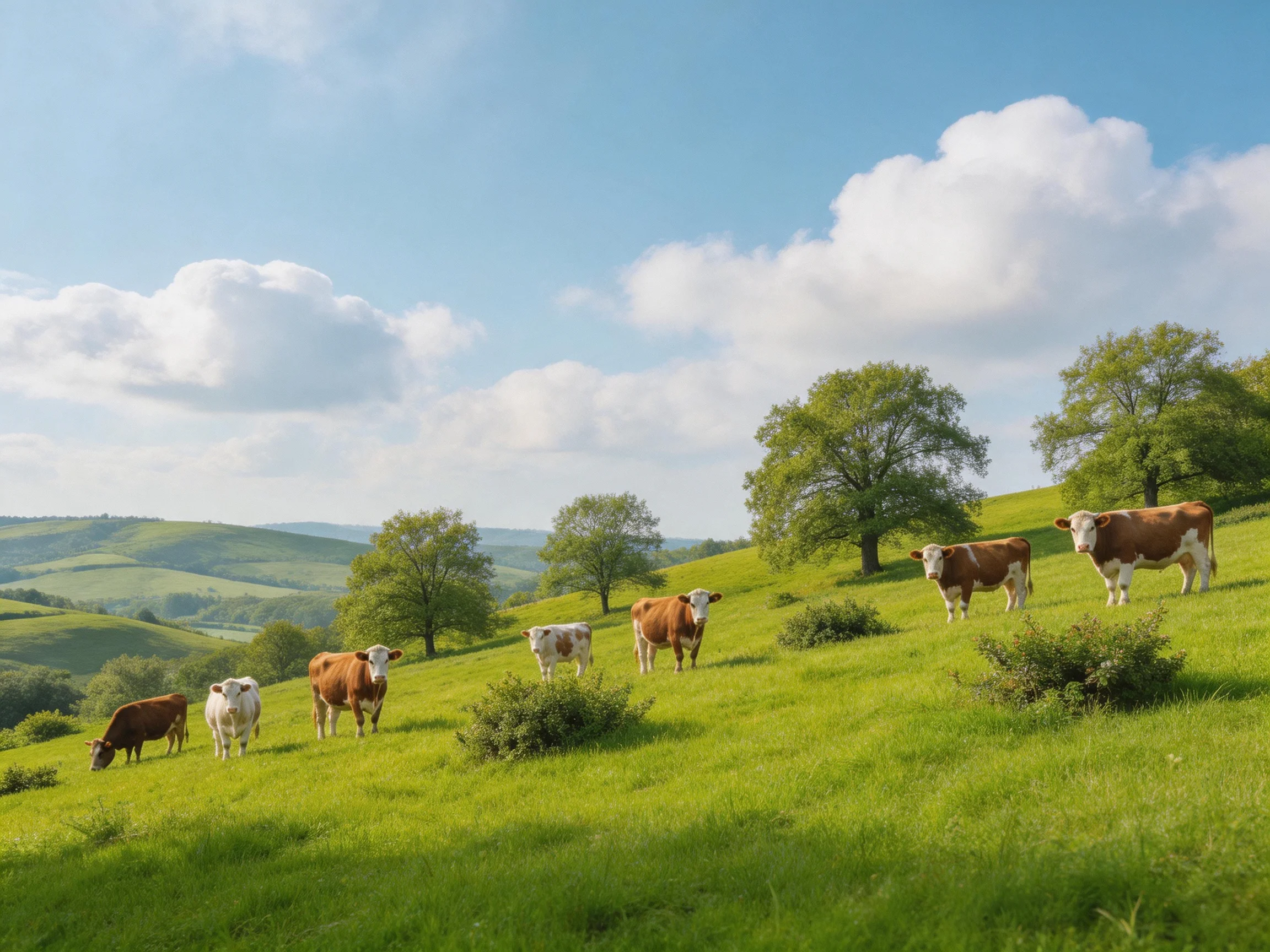 Seven cows graze on a lush green hillside with scattered trees