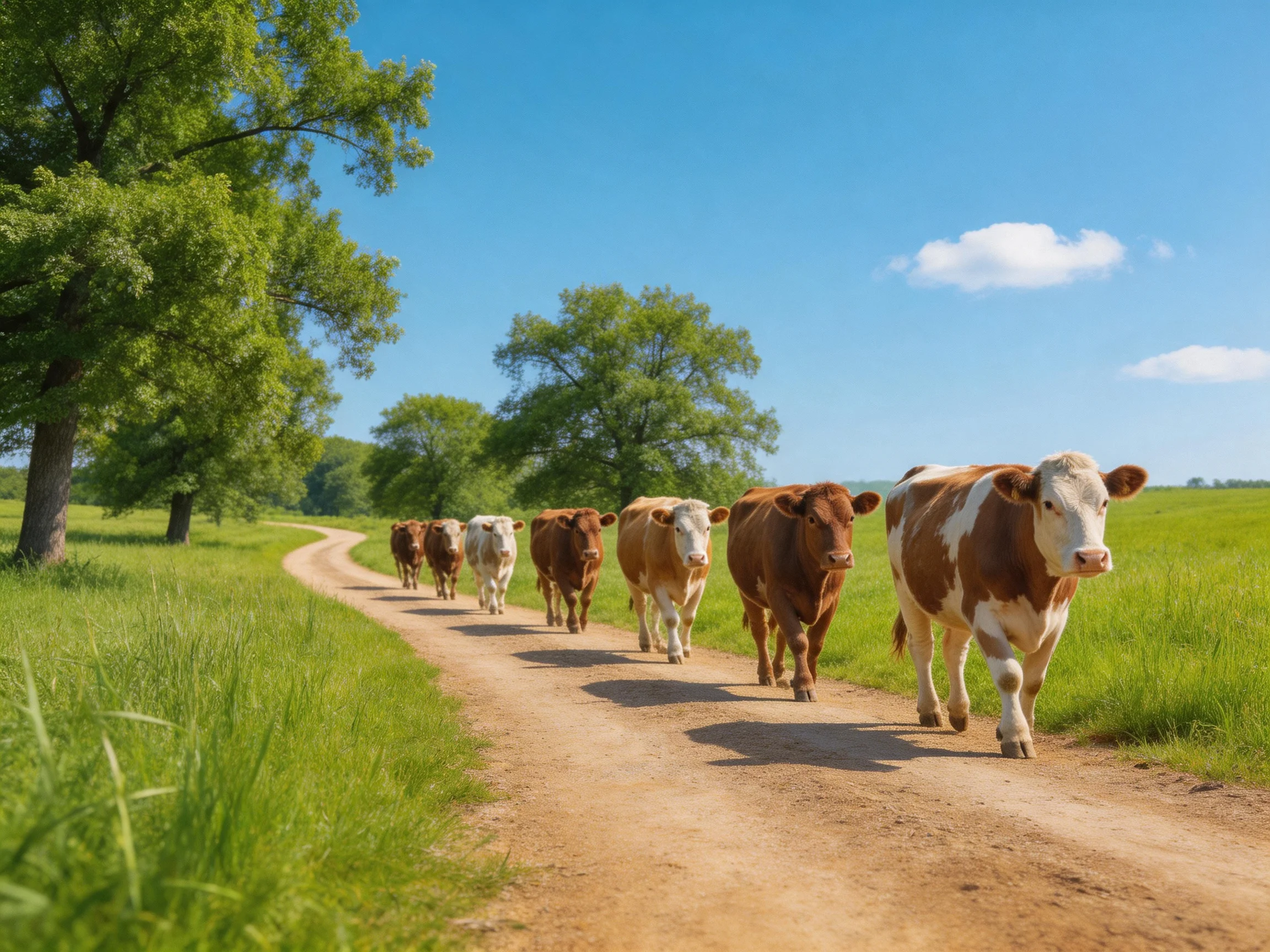 Seven cows in brown hues walk along a sunlit dirt path through green fields.