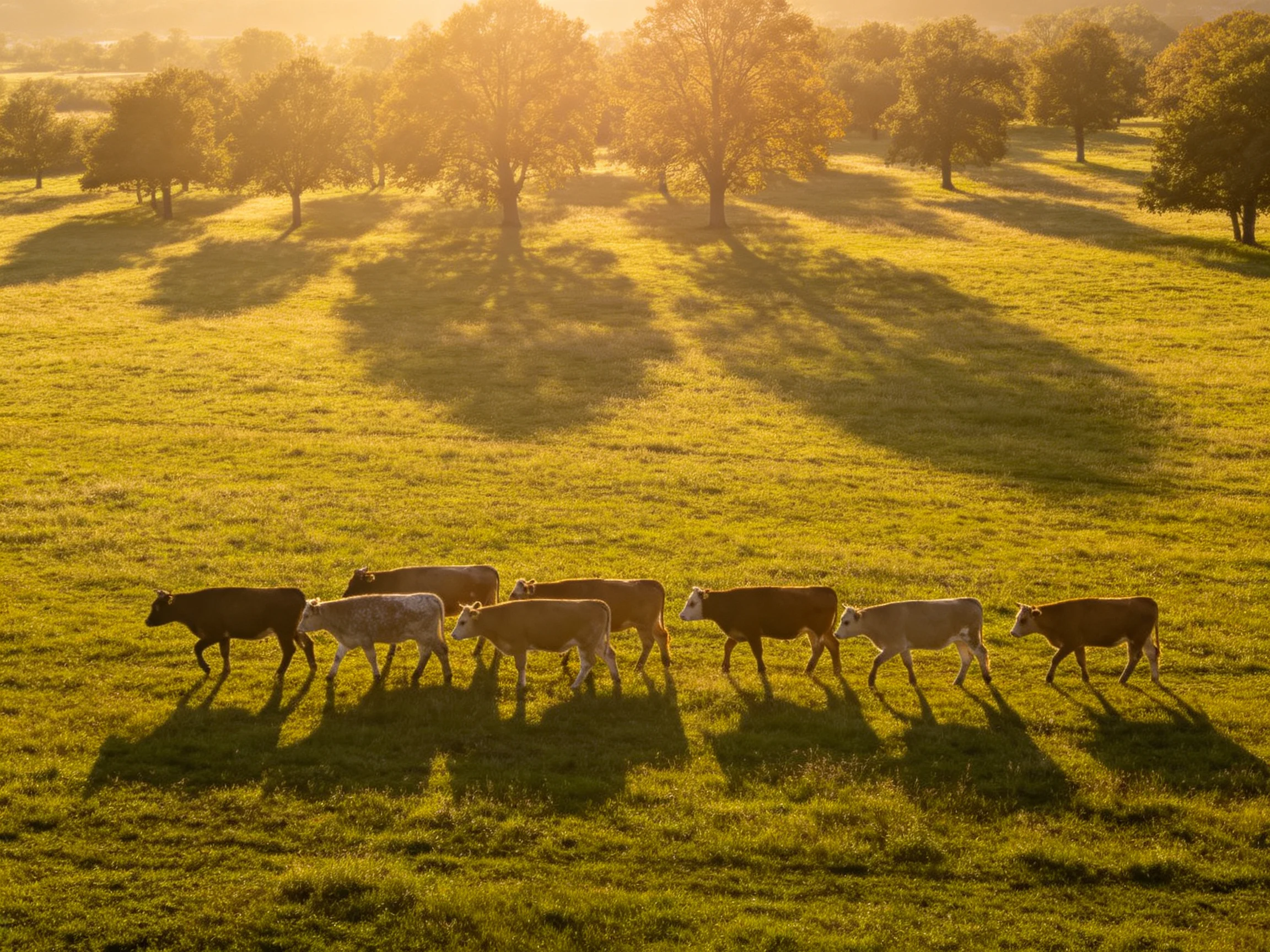 Seven cows in earthy browns and grays move through a sunlit pasture