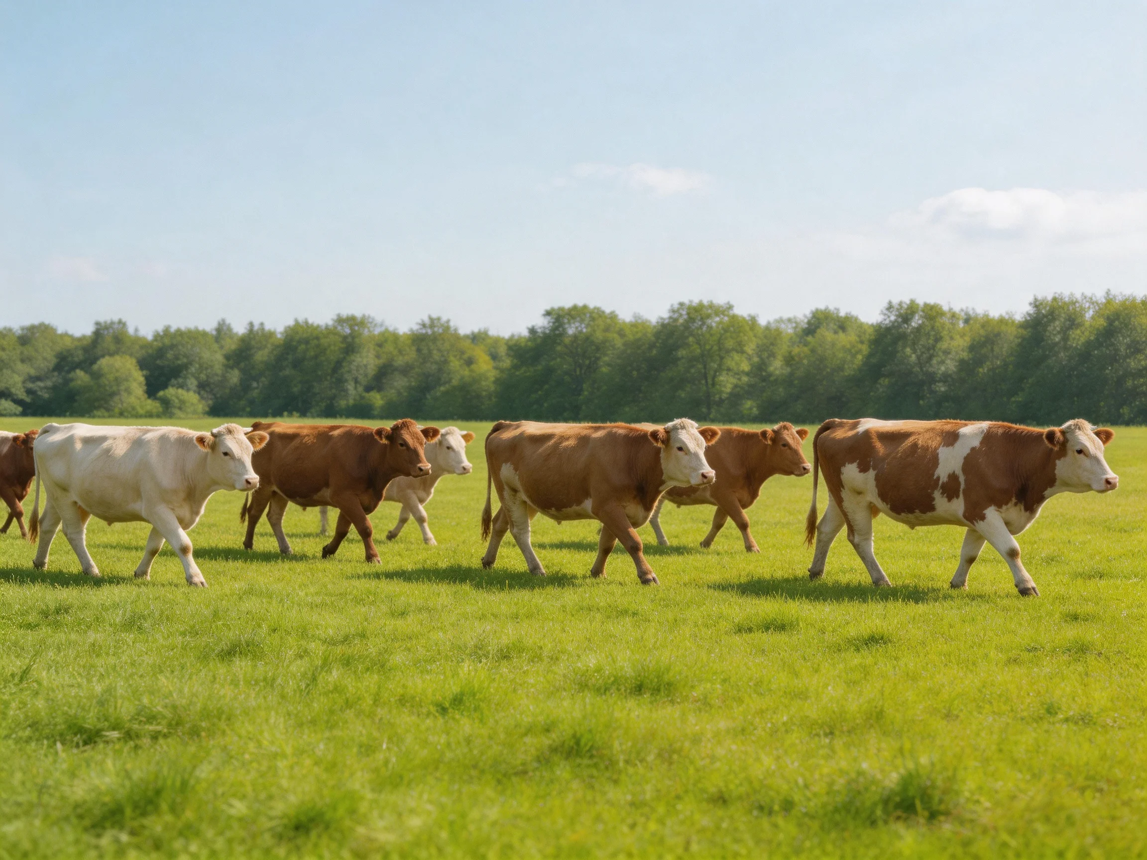 Seven cows in mixed browns and whites traverse a verdant pasture