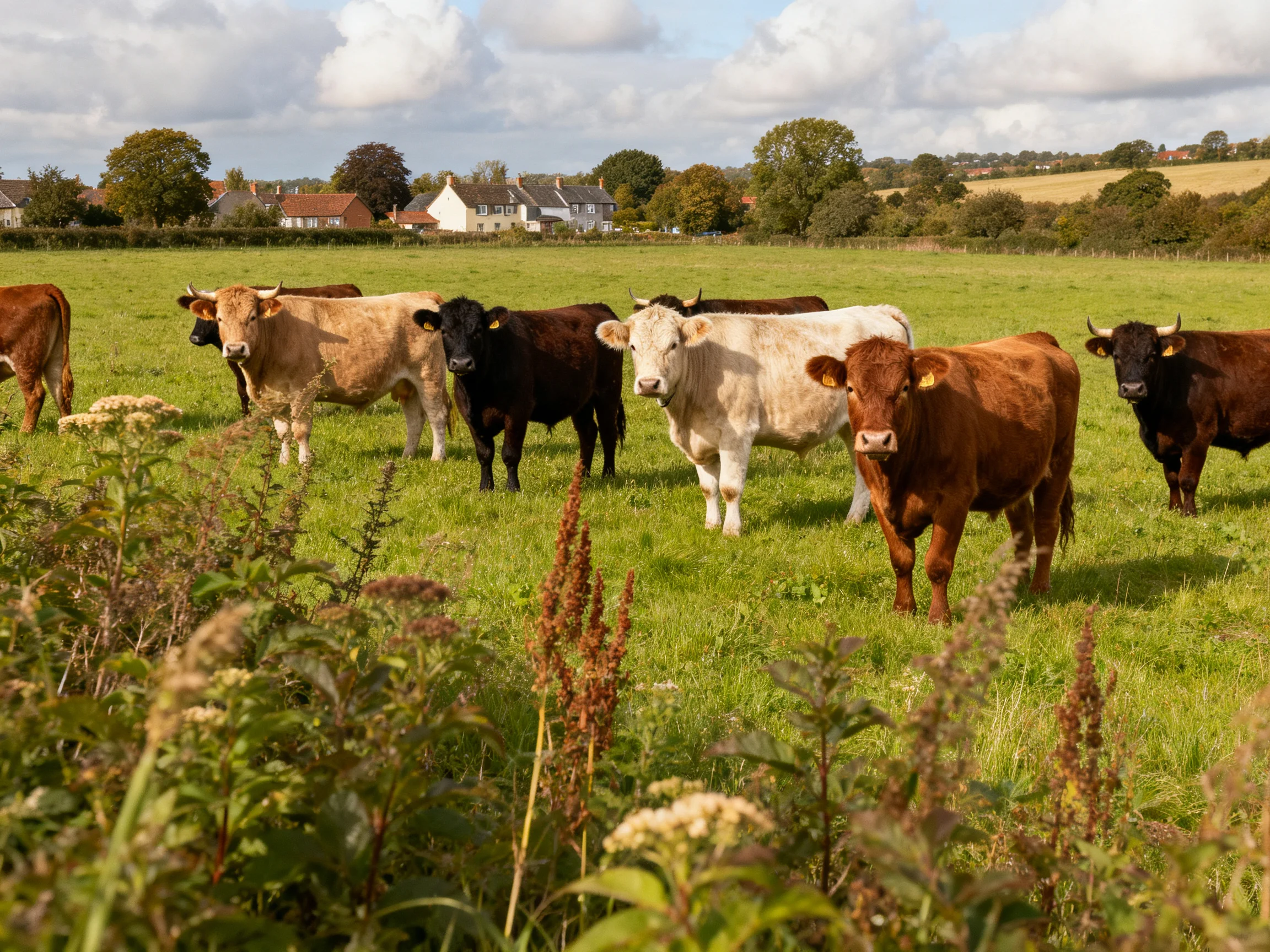 Seven cows of diverse colors graze in a sunlit pasture near homes.