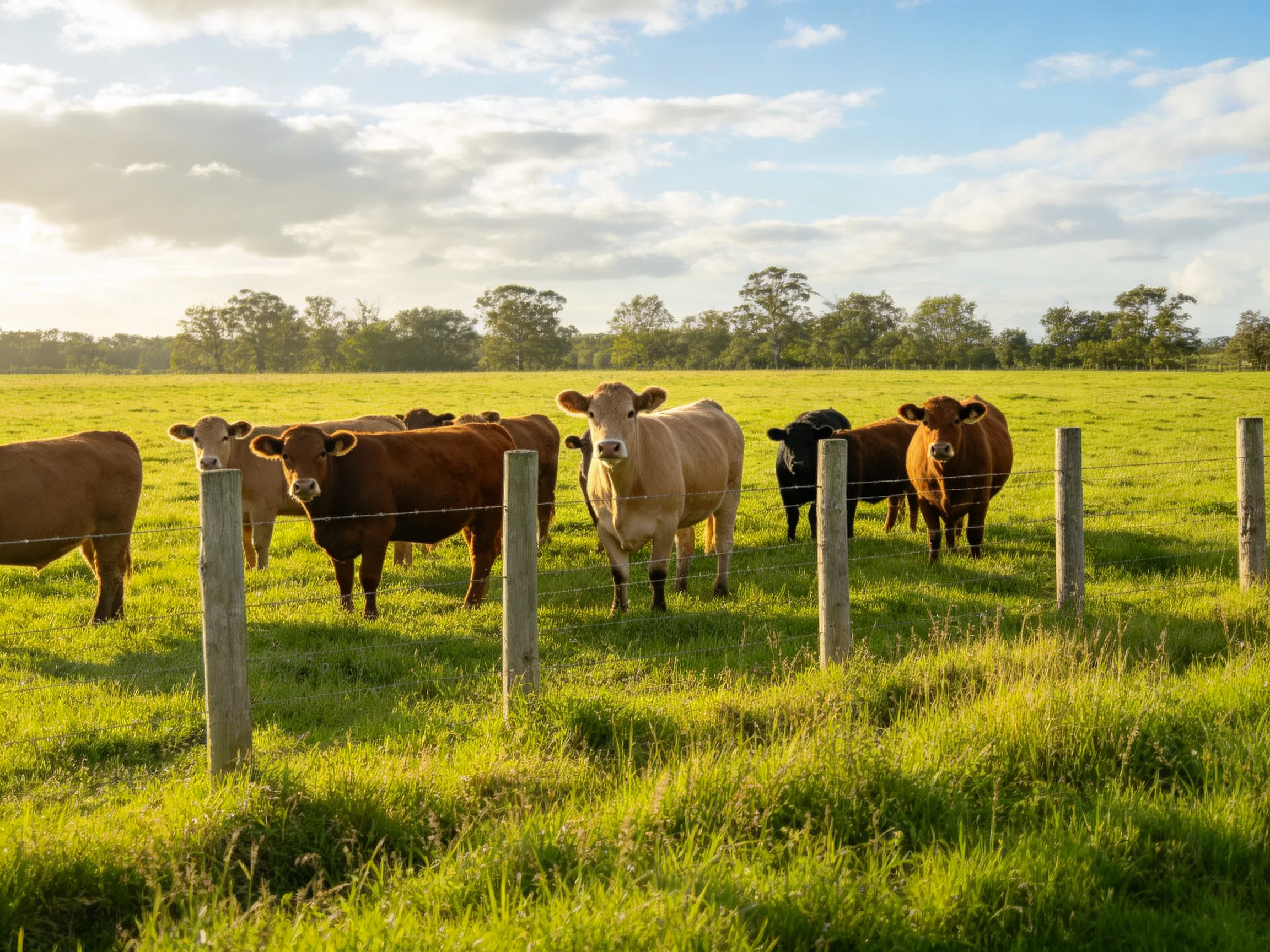 Seven cows of diverse colors near a fence in a sunlit pasture