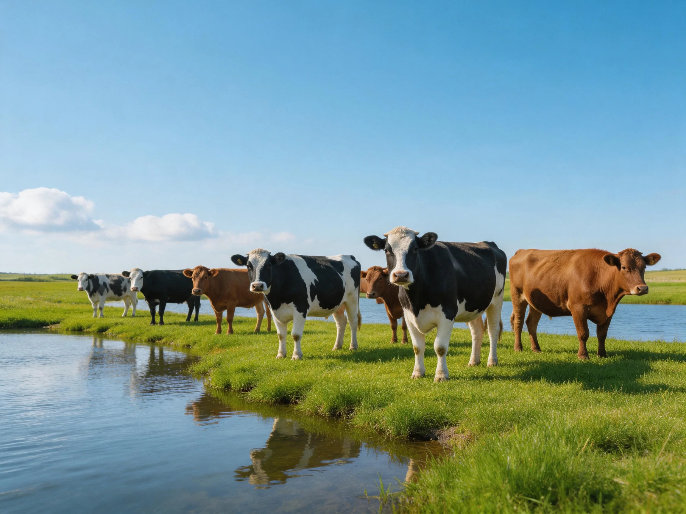 Seven cows of mixed colors by a calm water body under clear sky