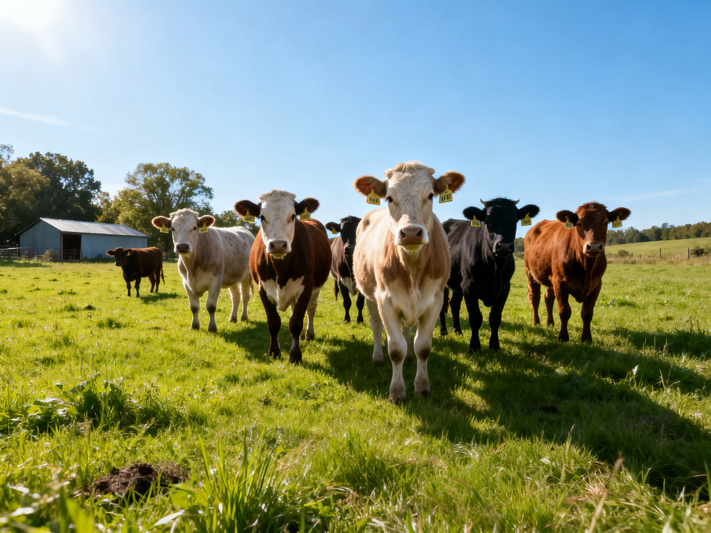 Seven cows of mixed colors gather in a sunlit green pasture near a barn