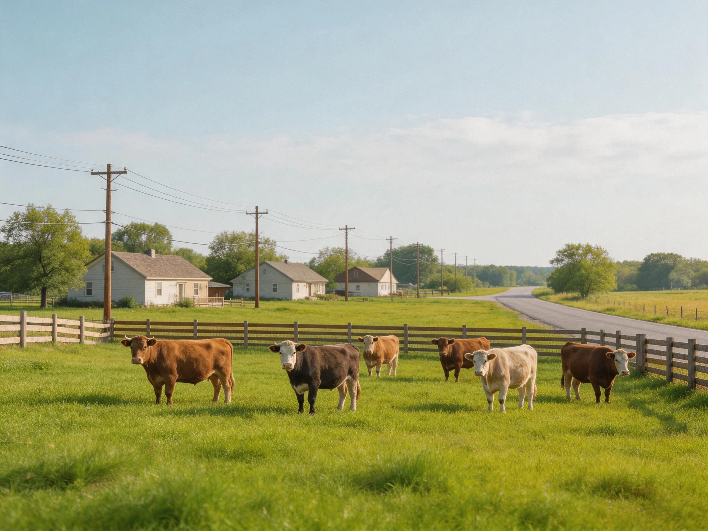 Seven cows of varied colors graze in a lush green pasture near rural homes
