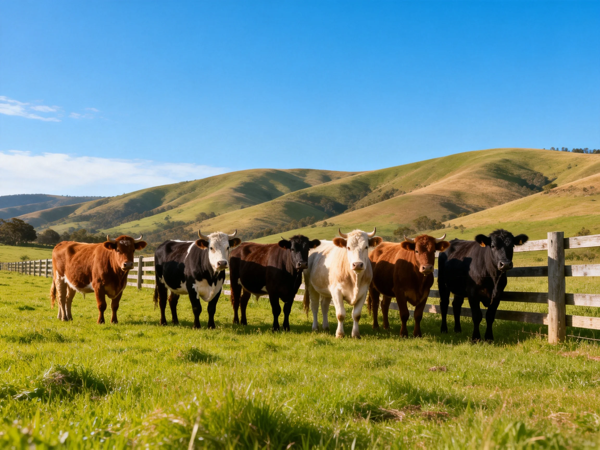 Seven cows of varied hues gather by a wooden fence amid rolling green hills