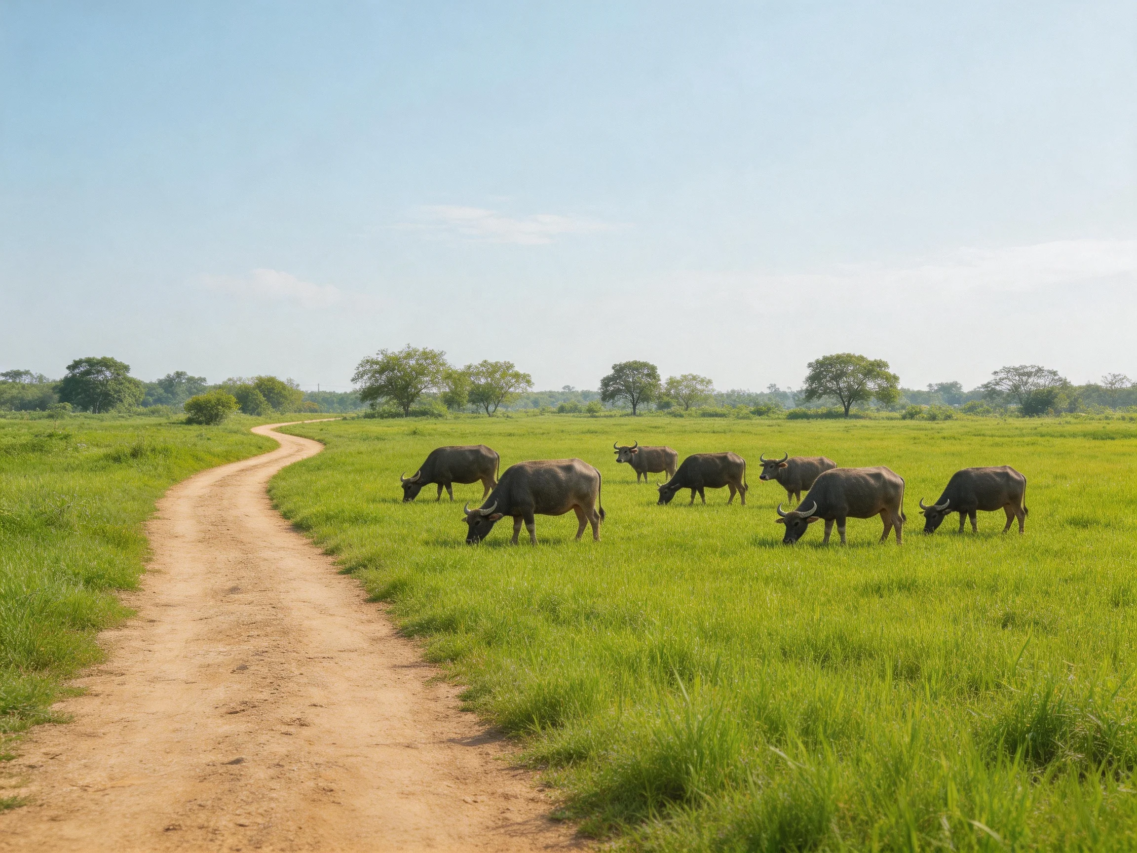 Seven water buffalo graze beside a winding dirt path in lush green fields