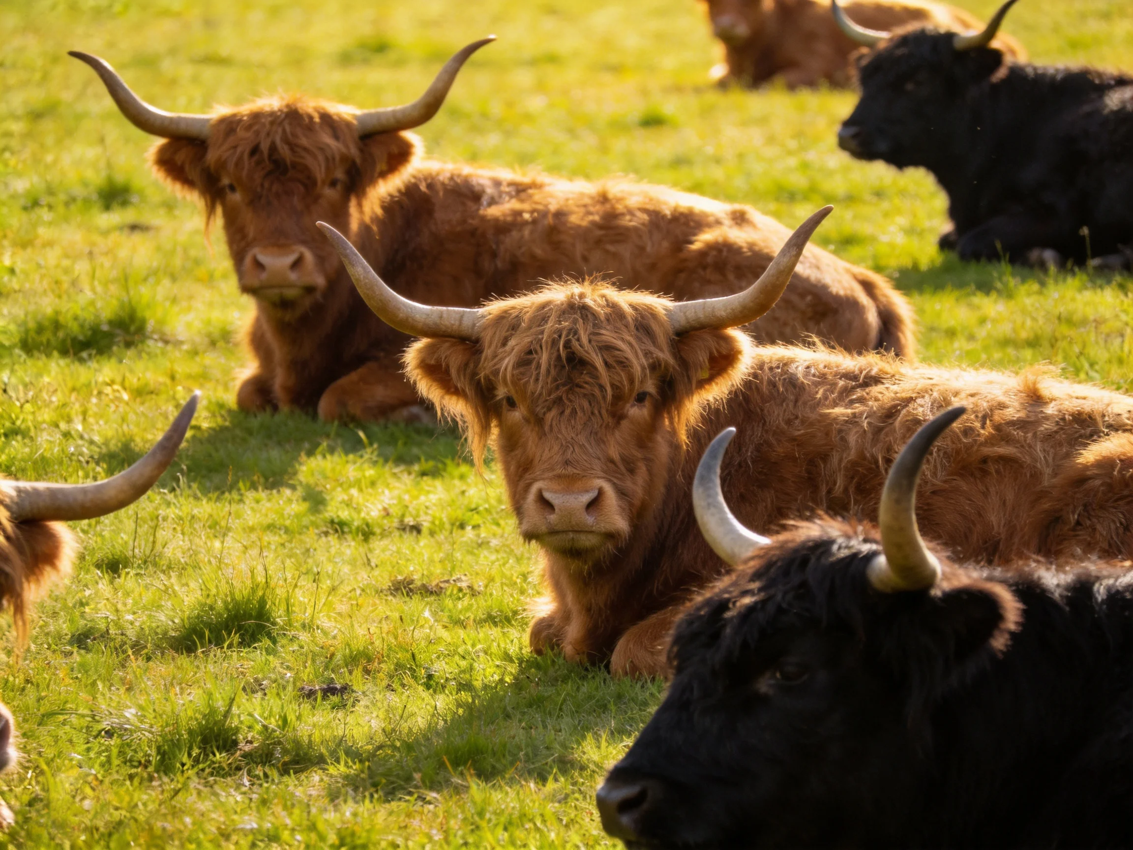 Several Highland cattle rest in a sun-drenched green pasture.