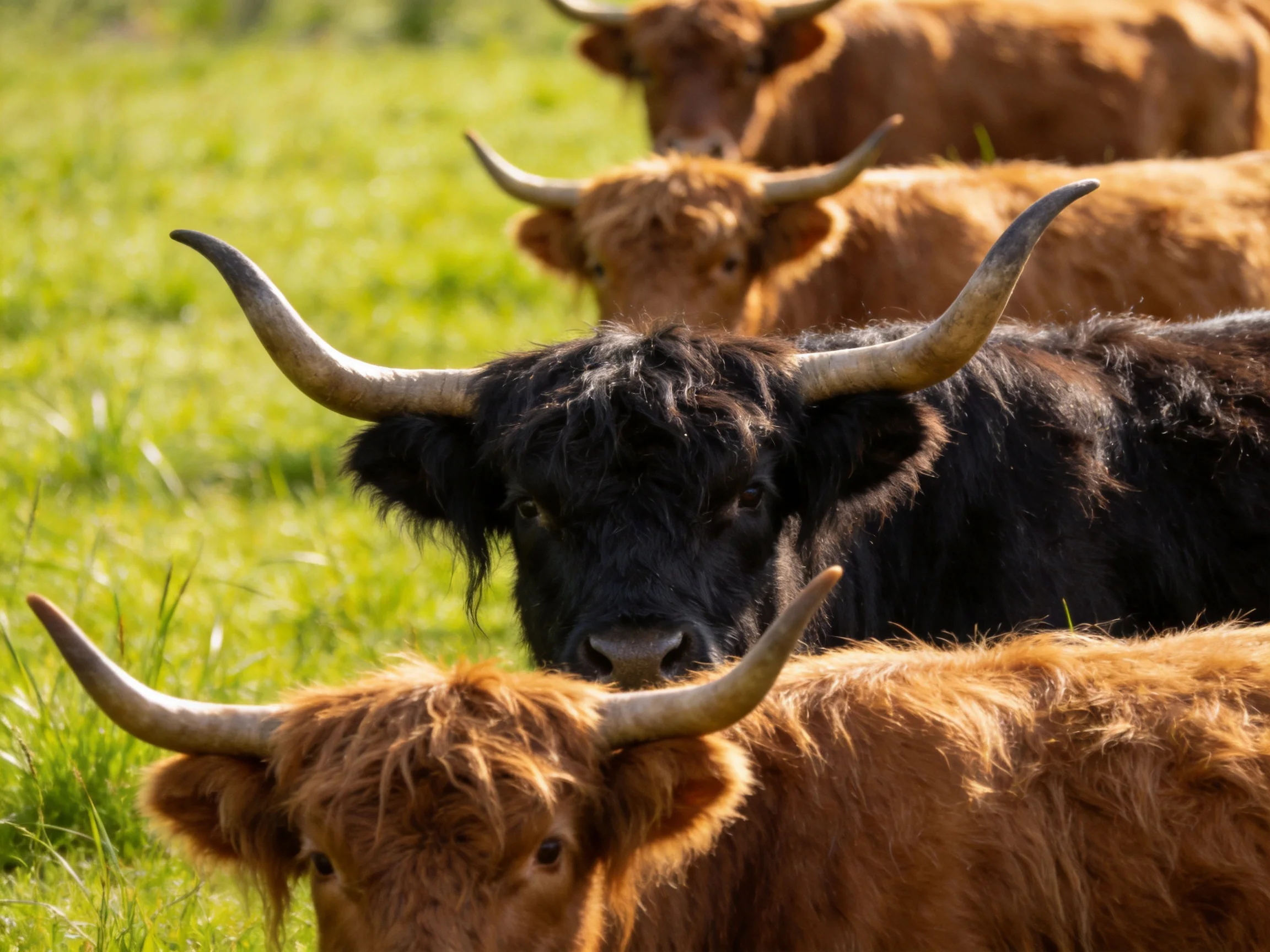 Several Highland cattle with long curved horns in a green pasture