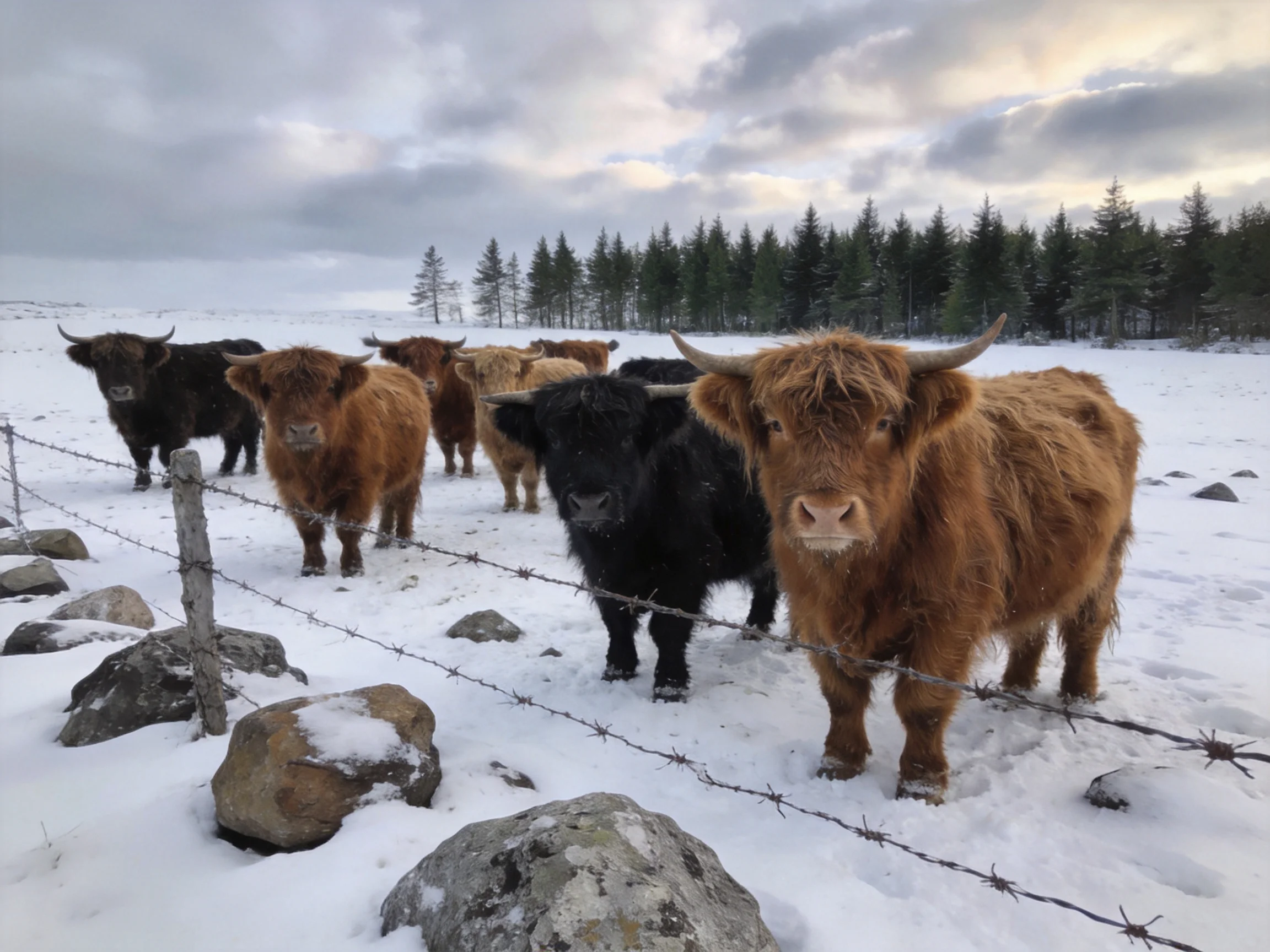 Several Scottish Highland cattle near barbed wire fence in snowy landscape