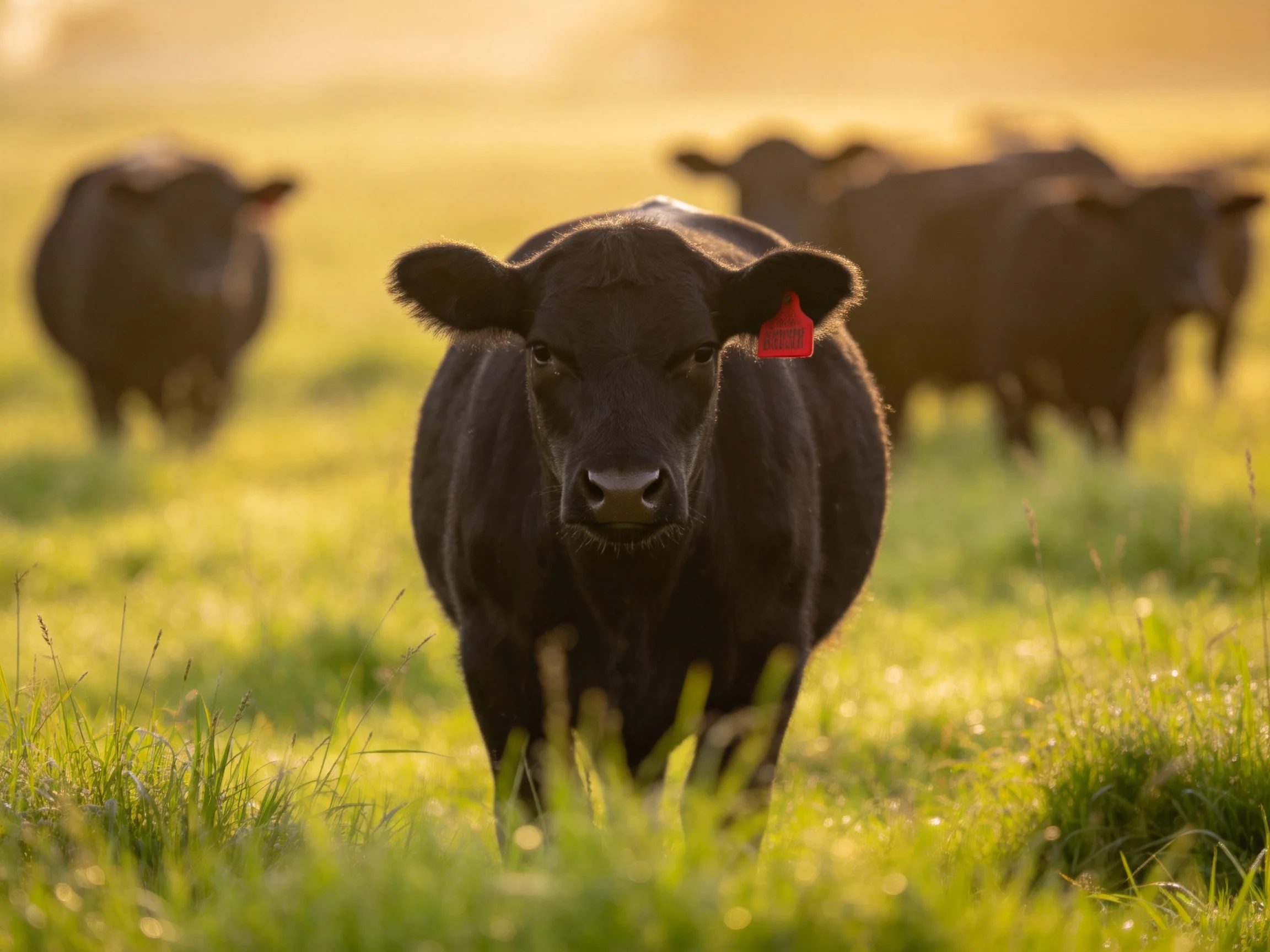 Several black cattle in a sun-drenched green pasture