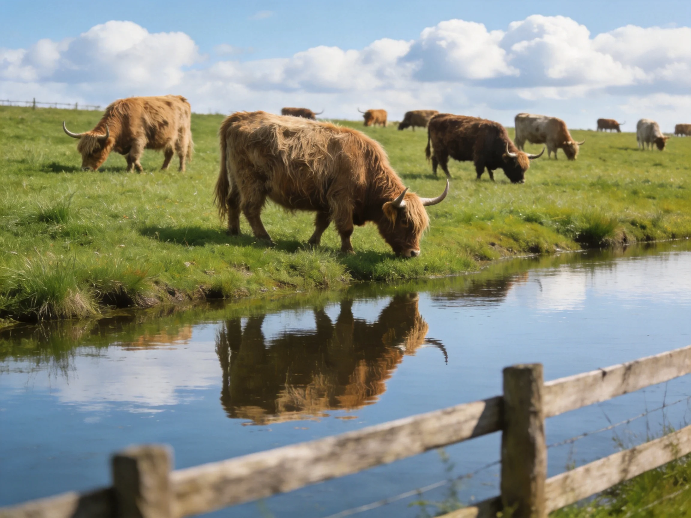 Several brown Highland cattle graze near a calm stream with a wooden fence