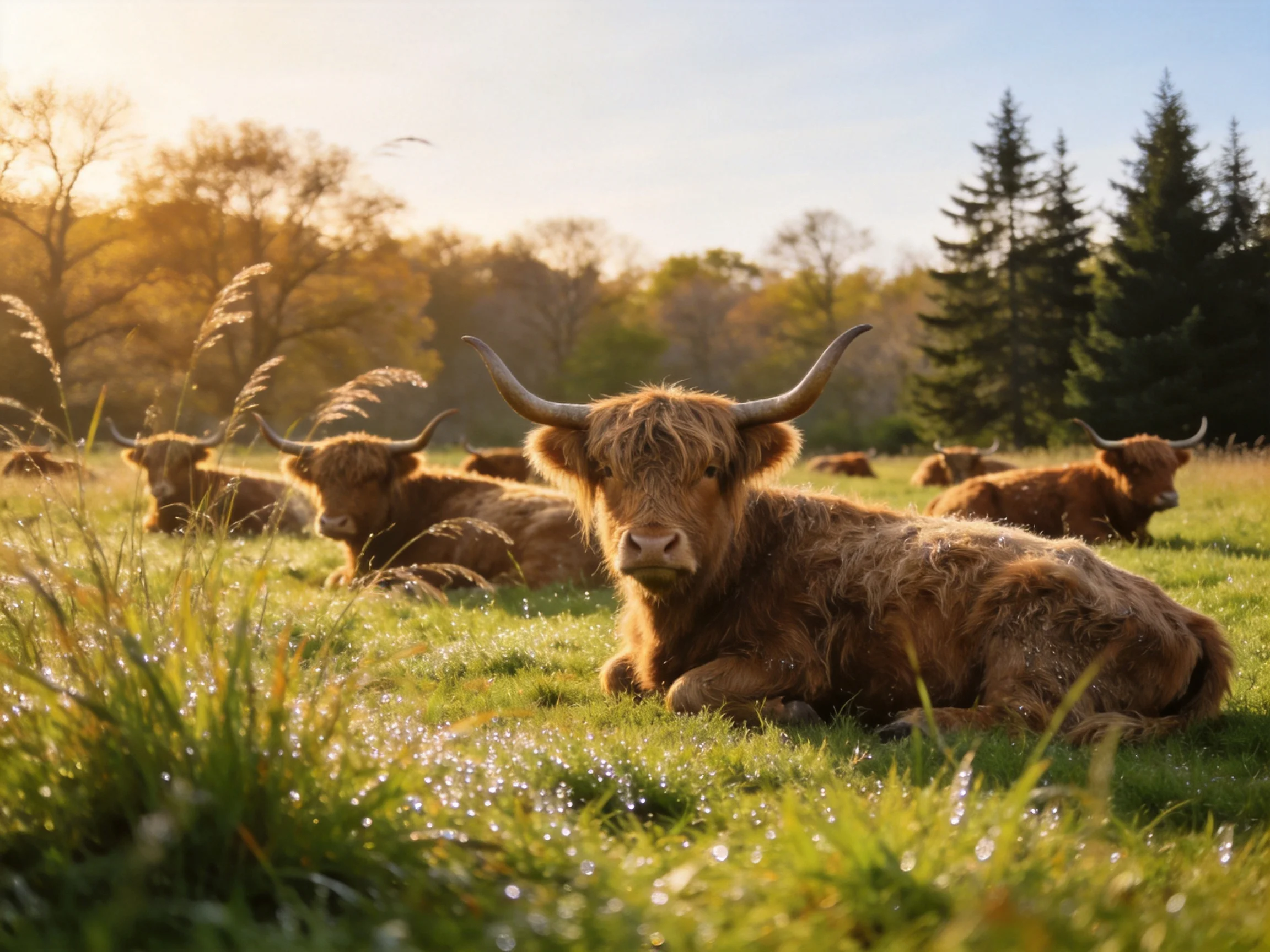 Several brown Highland cows rest in a dewy green meadow under golden sunlight