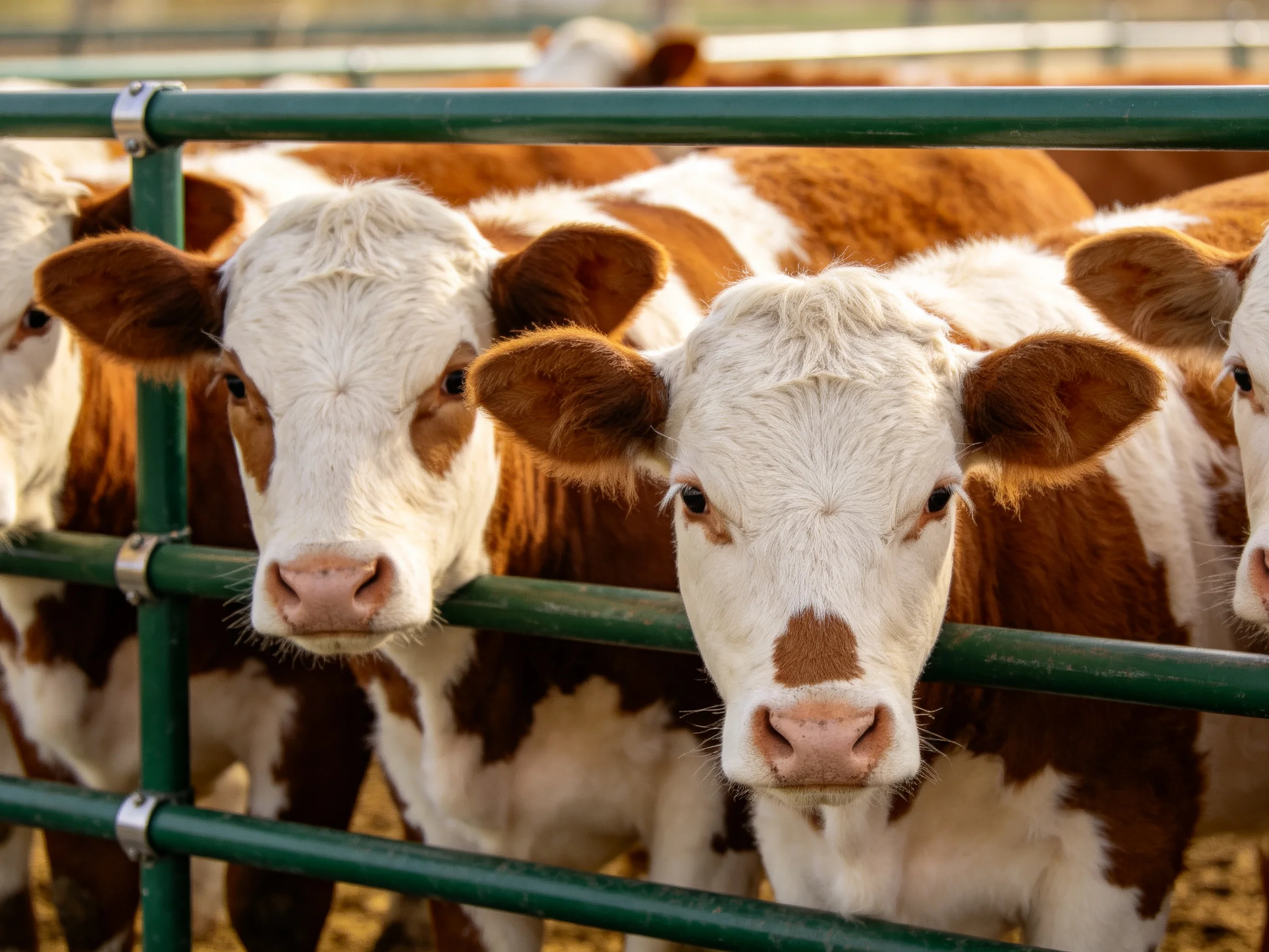 Several brown and white calves gather behind a green metal fence