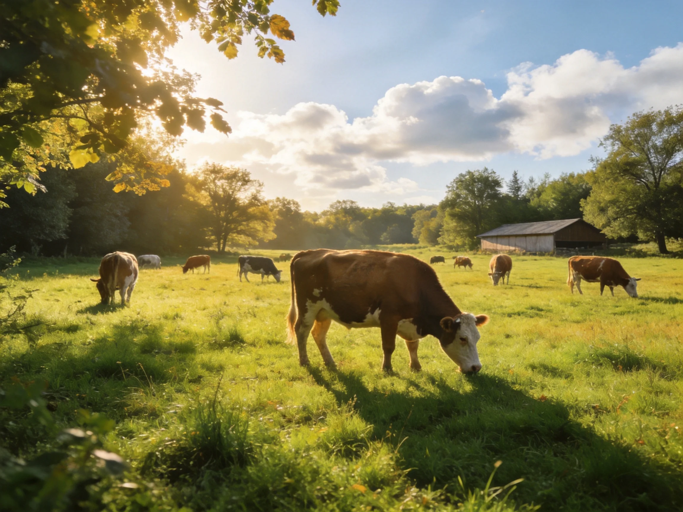 Several brown and white cows graze in a sunlit green pasture near a wooden barn