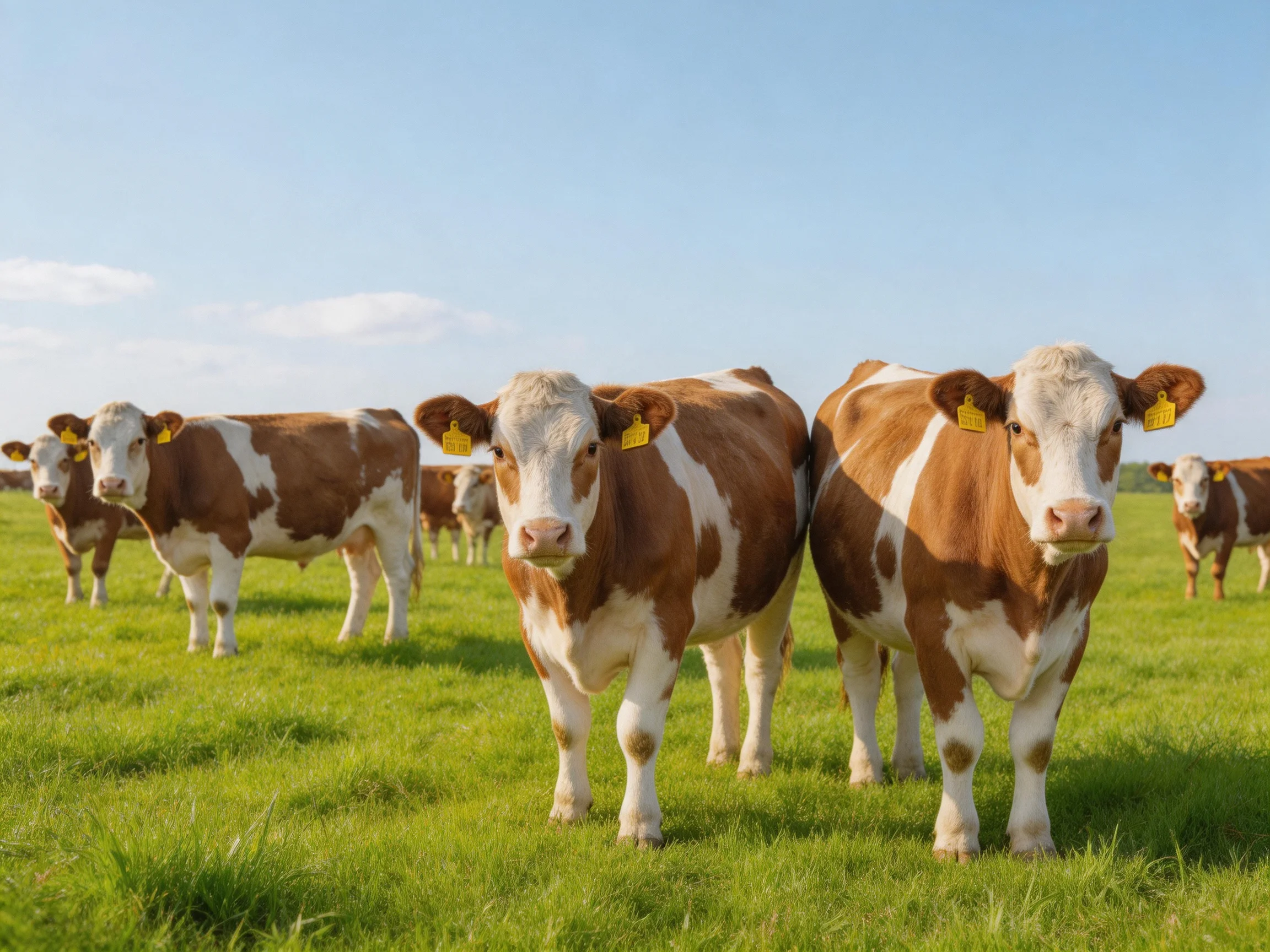 Several brown and white cows graze in a vibrant green pasture under a clear blue sky