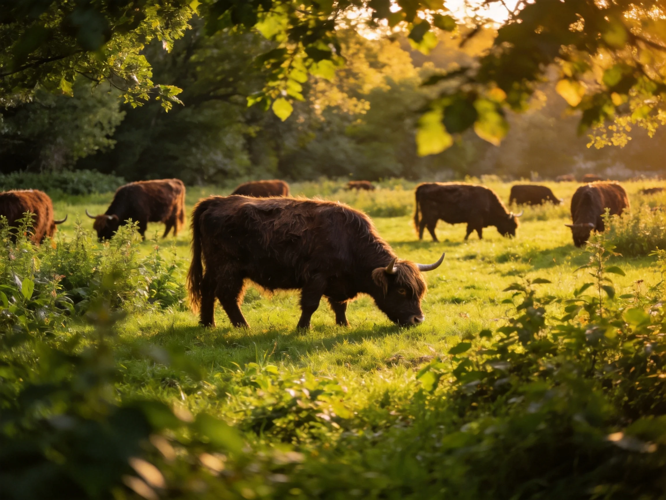 Several brown cattle graze in a sun-drenched, verdant pasture