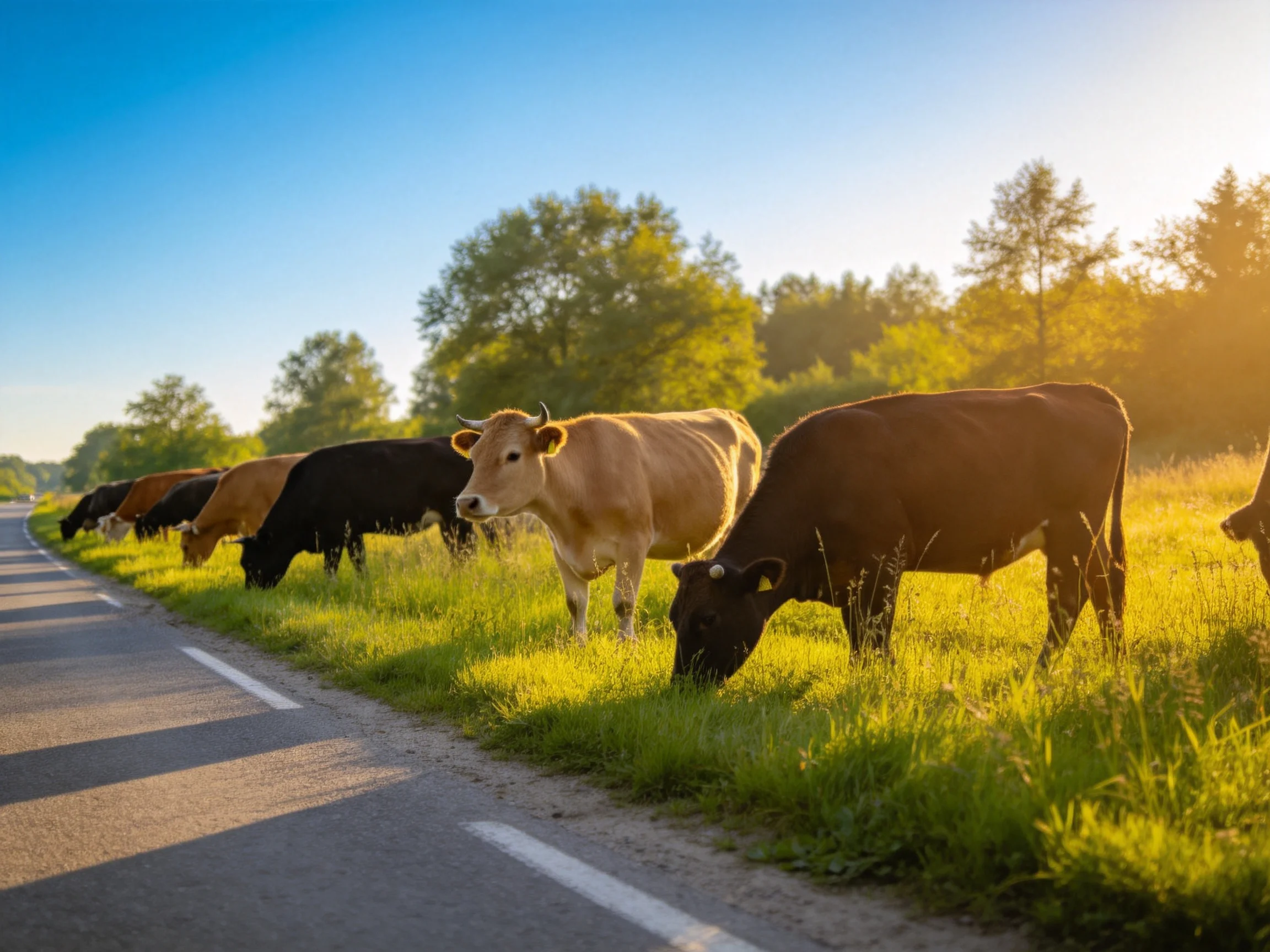 Several cows graze beside a paved road with tall grass